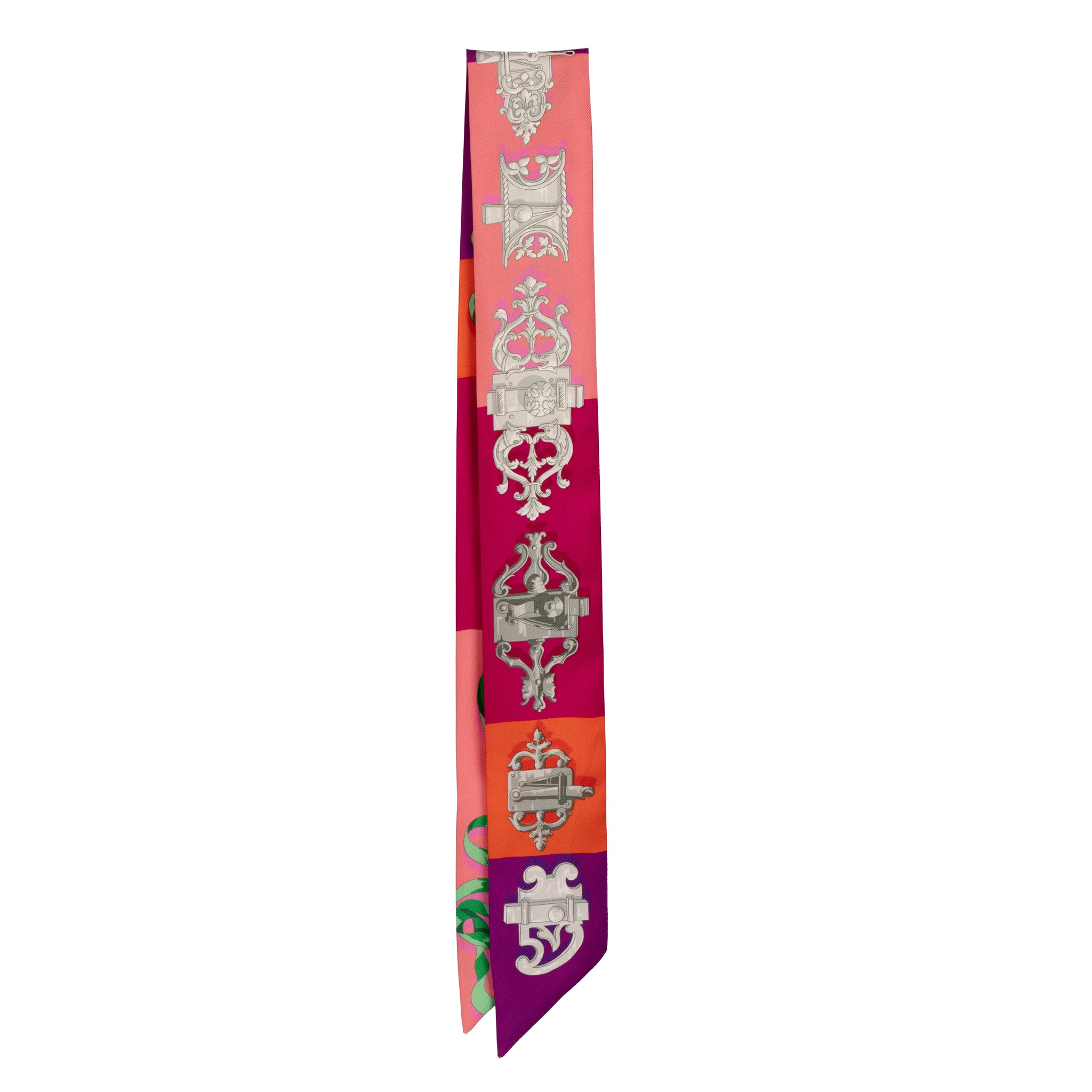 Hermès Silk Twilly Scarf – Fuchsia, Orange & Pink Lock and Ribbon Print