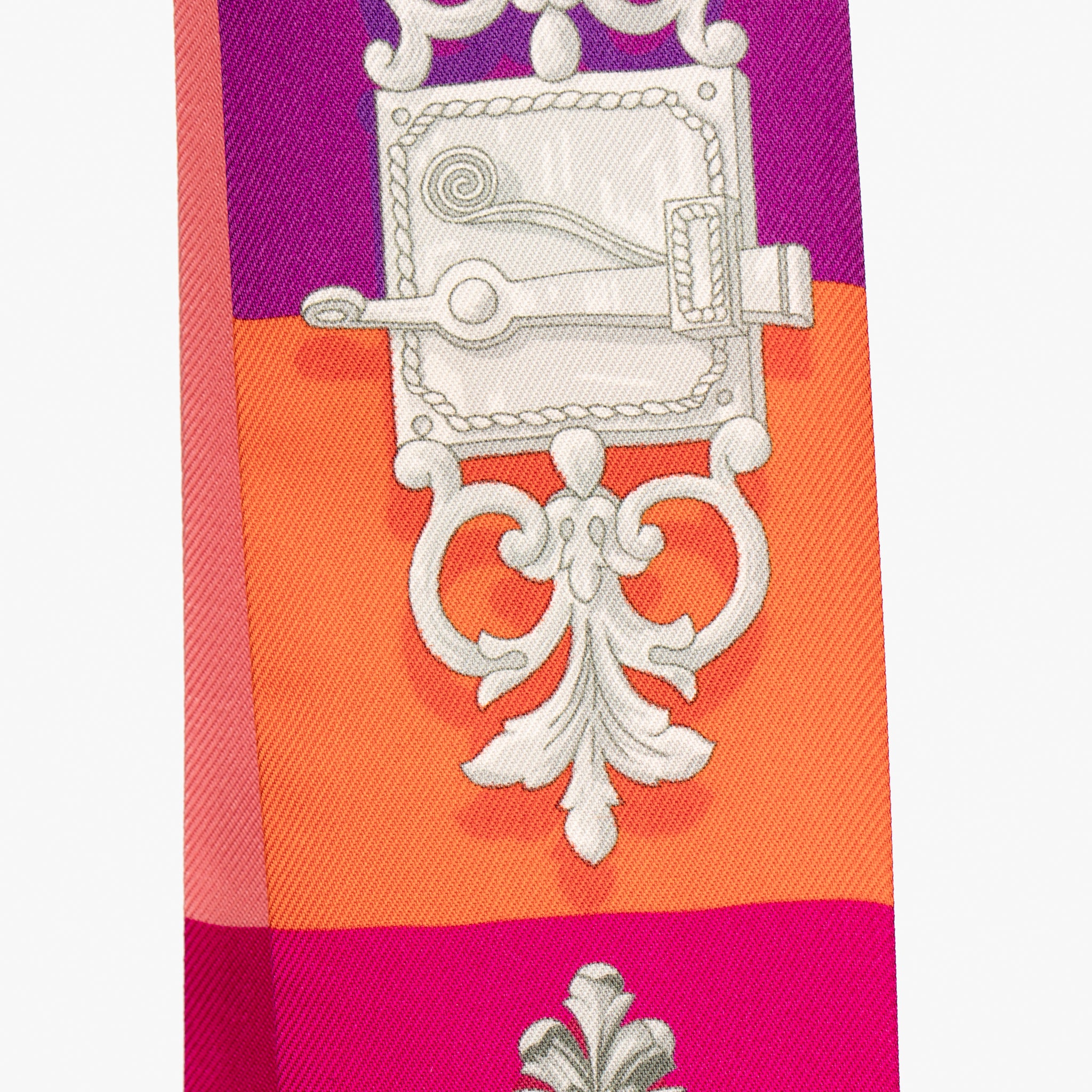 Hermès Silk Twilly Scarf – Fuchsia, Orange & Pink Lock and Ribbon Print