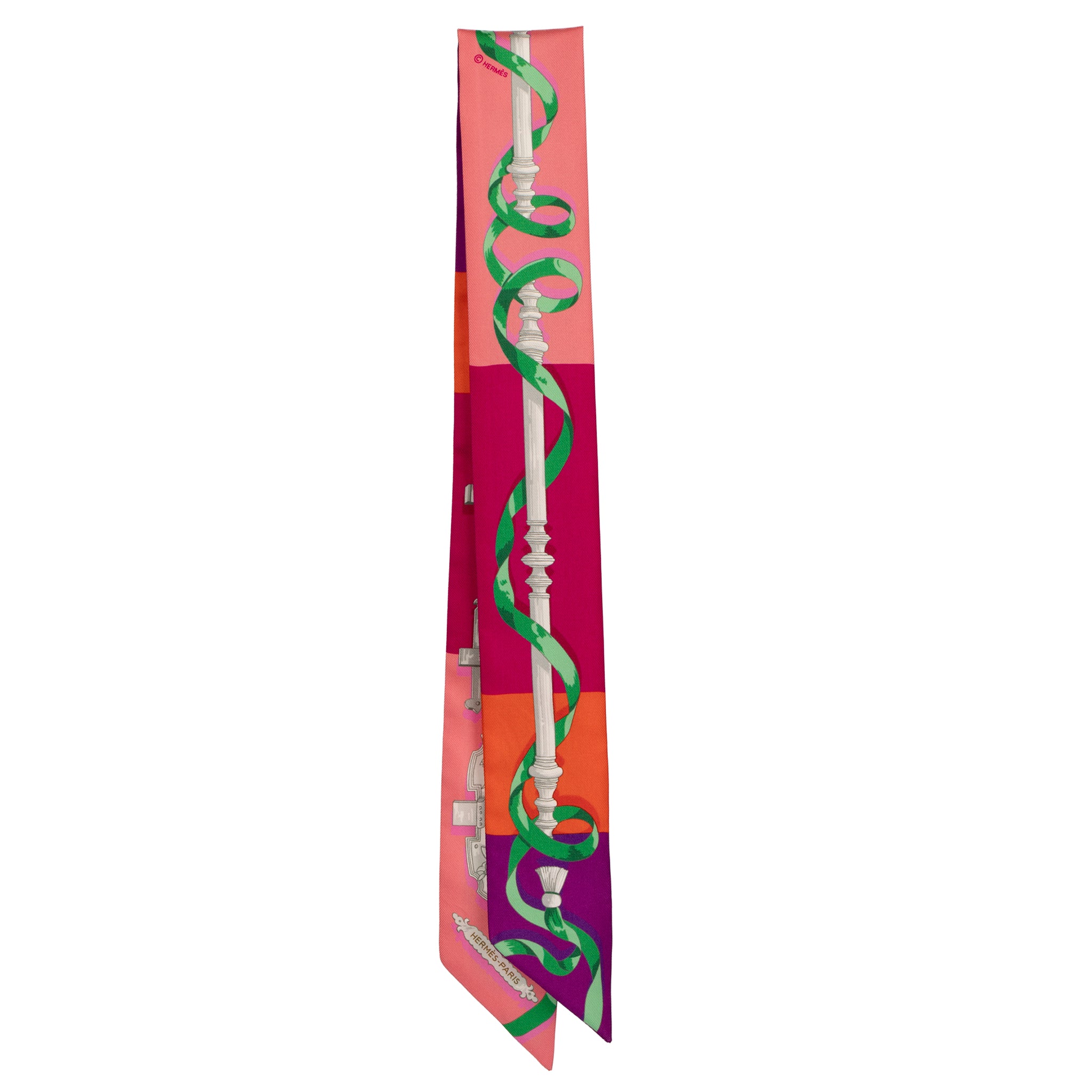 Hermès Silk Twilly Scarf – Fuchsia, Orange & Pink Lock and Ribbon Print