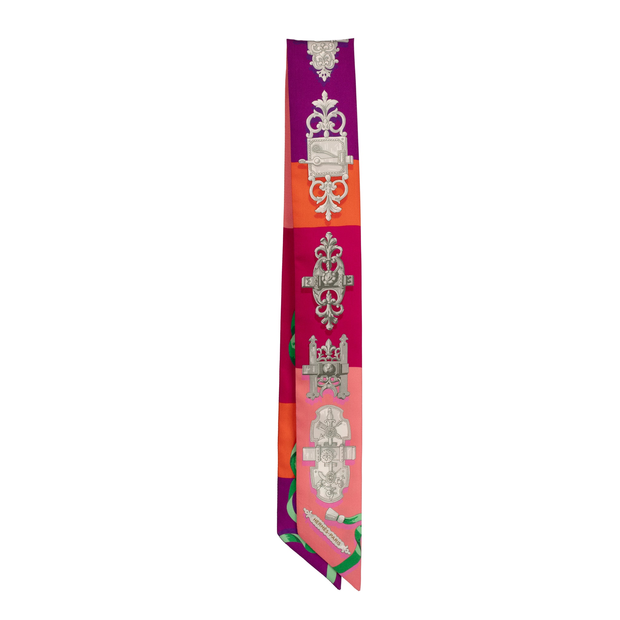 Hermès Silk Twilly Scarf – Fuchsia, Orange & Pink Lock and Ribbon Print