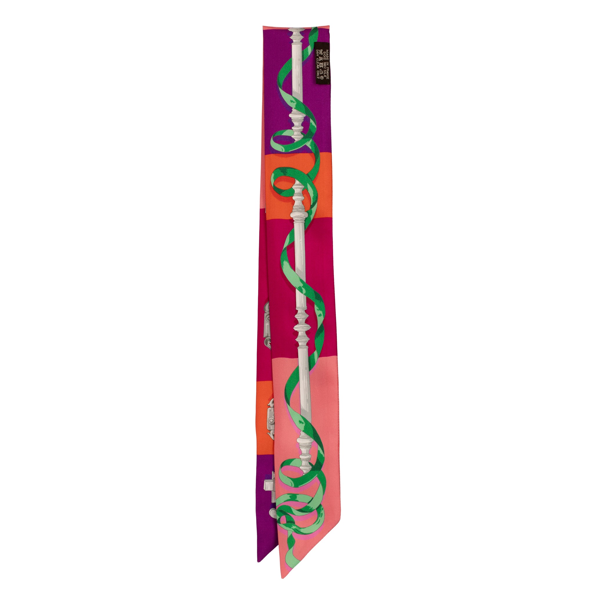 Hermès Silk Twilly Scarf – Fuchsia, Orange & Pink Lock and Ribbon Print