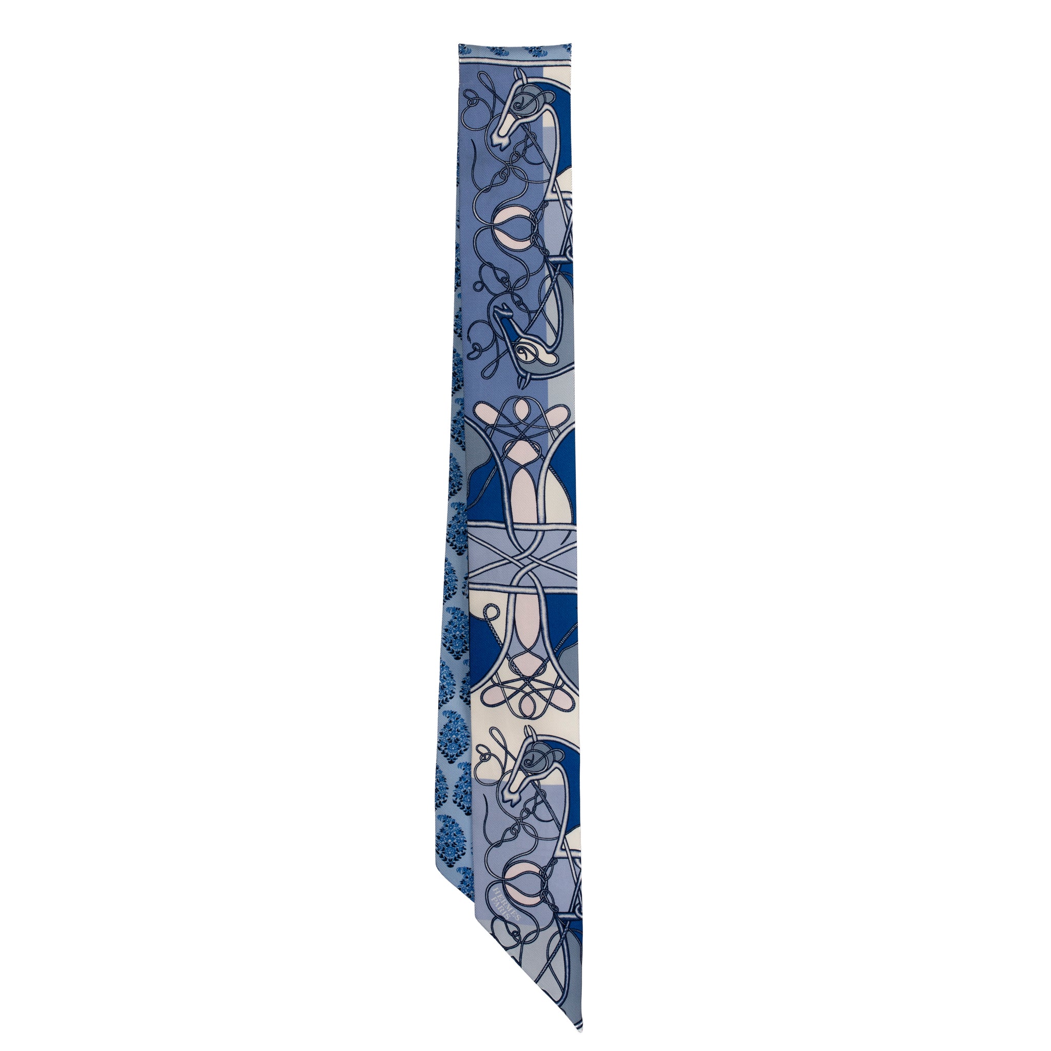 Hermès Silk Twilly Scarf – Blue Multicolour Abstract Equestrian Print