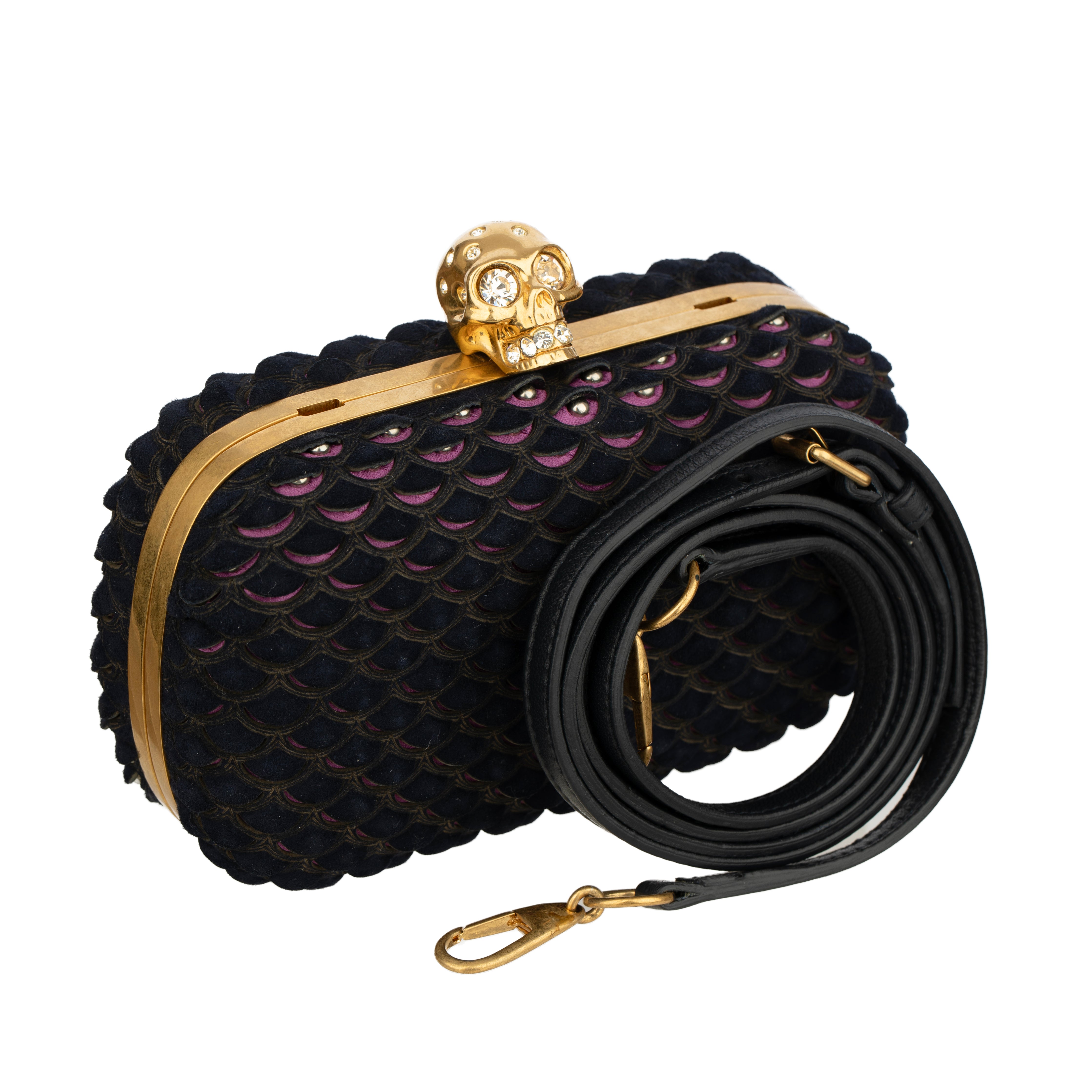 Alexander McQueen Navy Blue Textured Suede Studded Skull Clutch