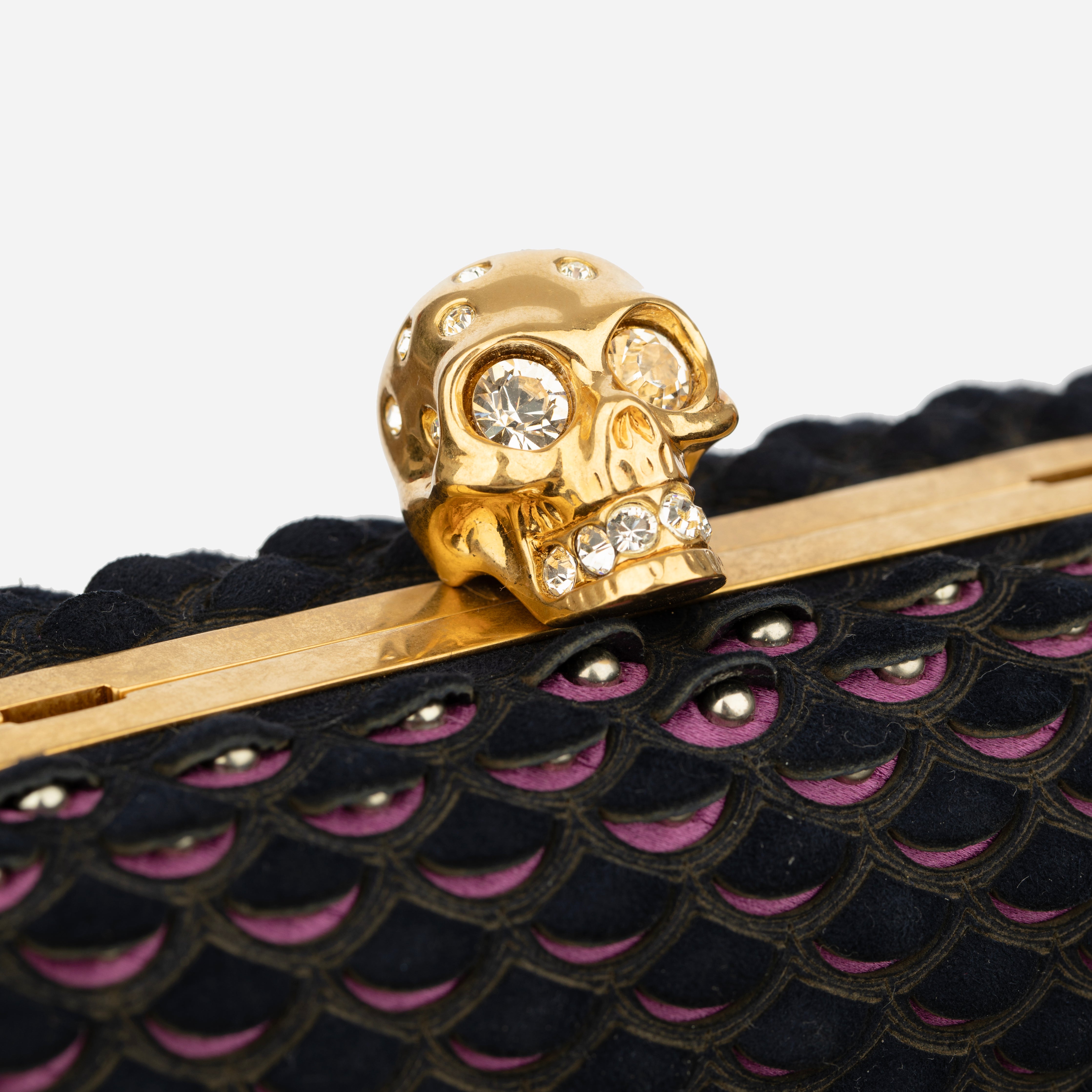 Alexander McQueen Navy Blue Textured Suede Studded Skull Clutch