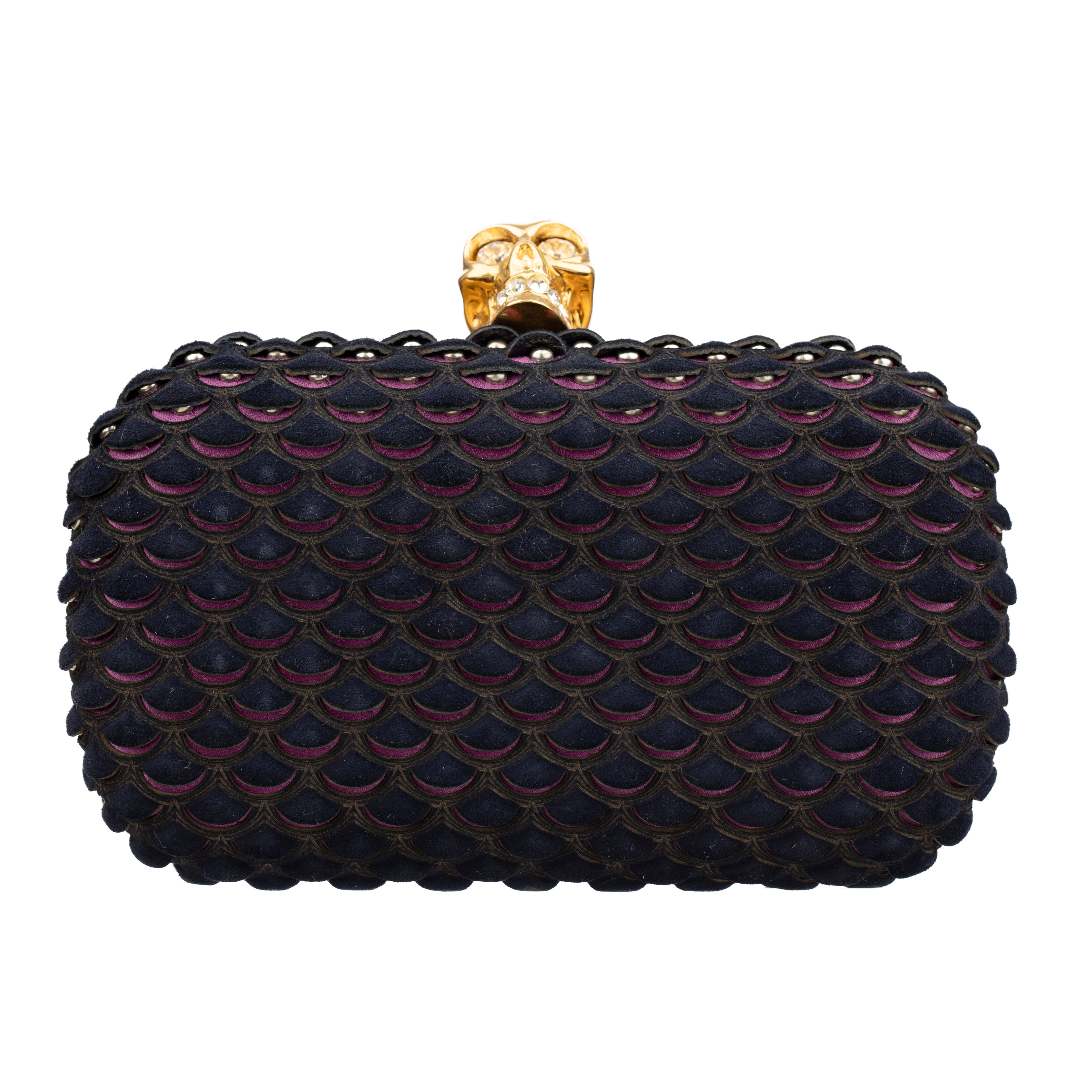Alexander McQueen Navy Blue Textured Suede Studded Skull Clutch