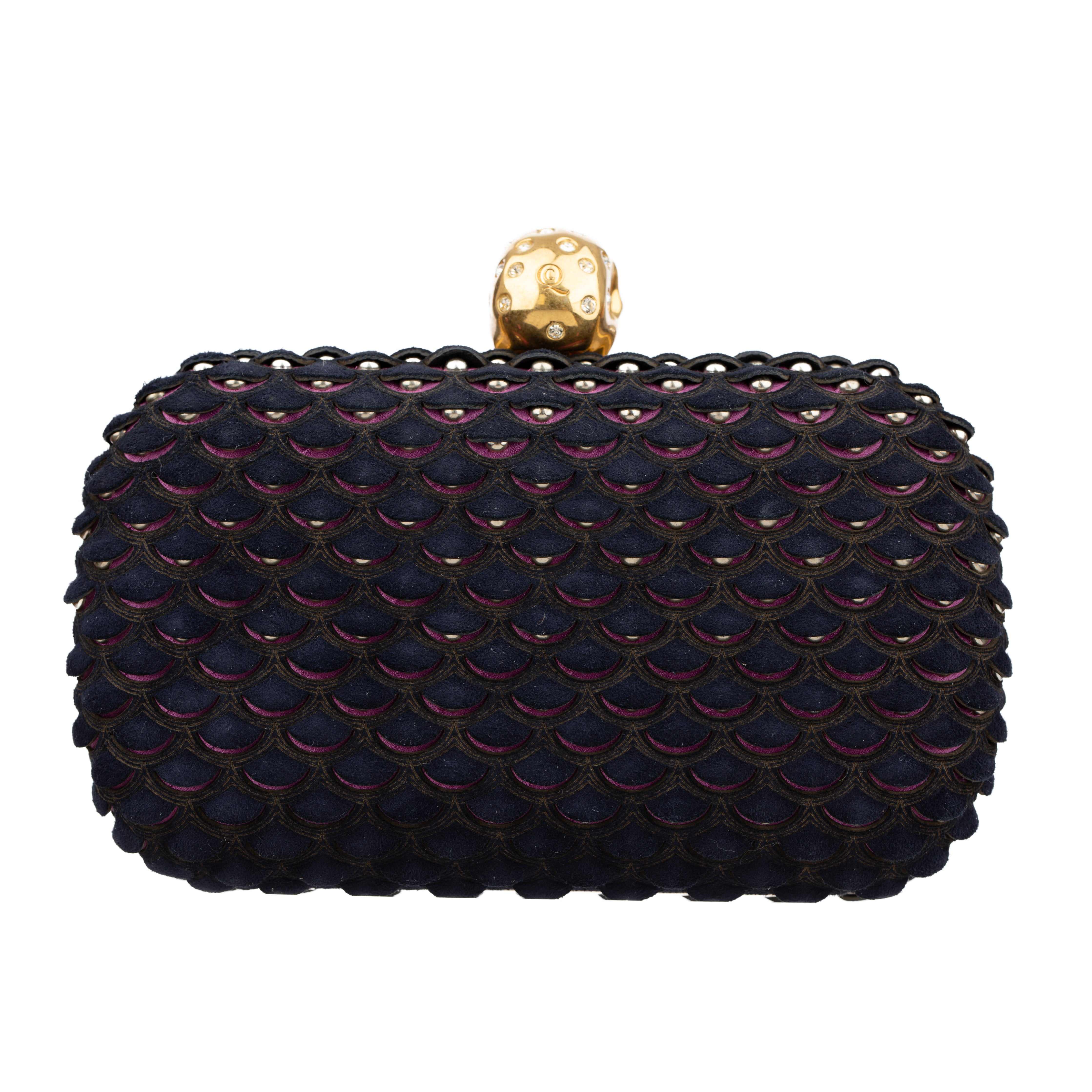 Alexander McQueen Navy Blue Textured Suede Studded Skull Clutch