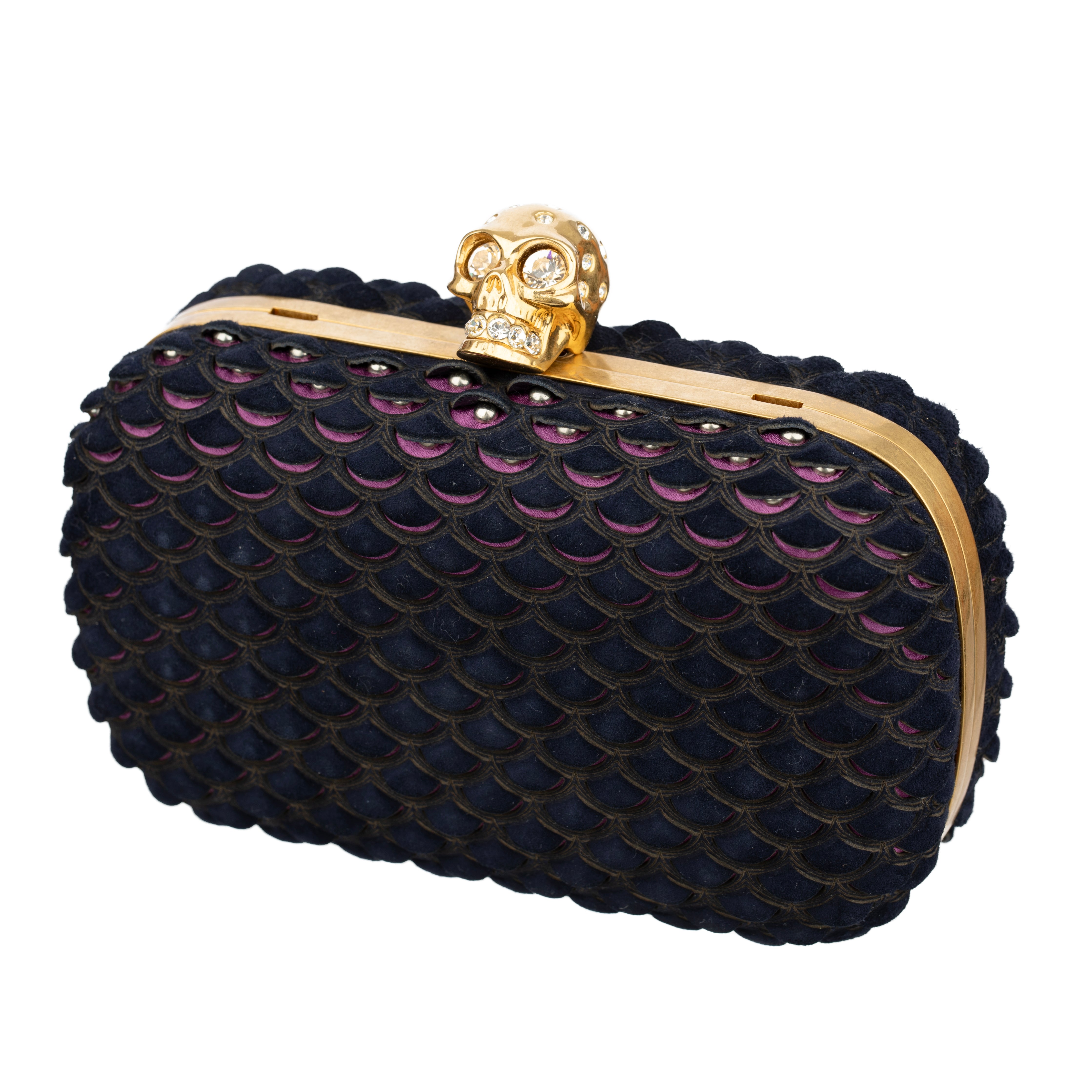 Alexander McQueen Navy Blue Textured Suede Studded Skull Clutch