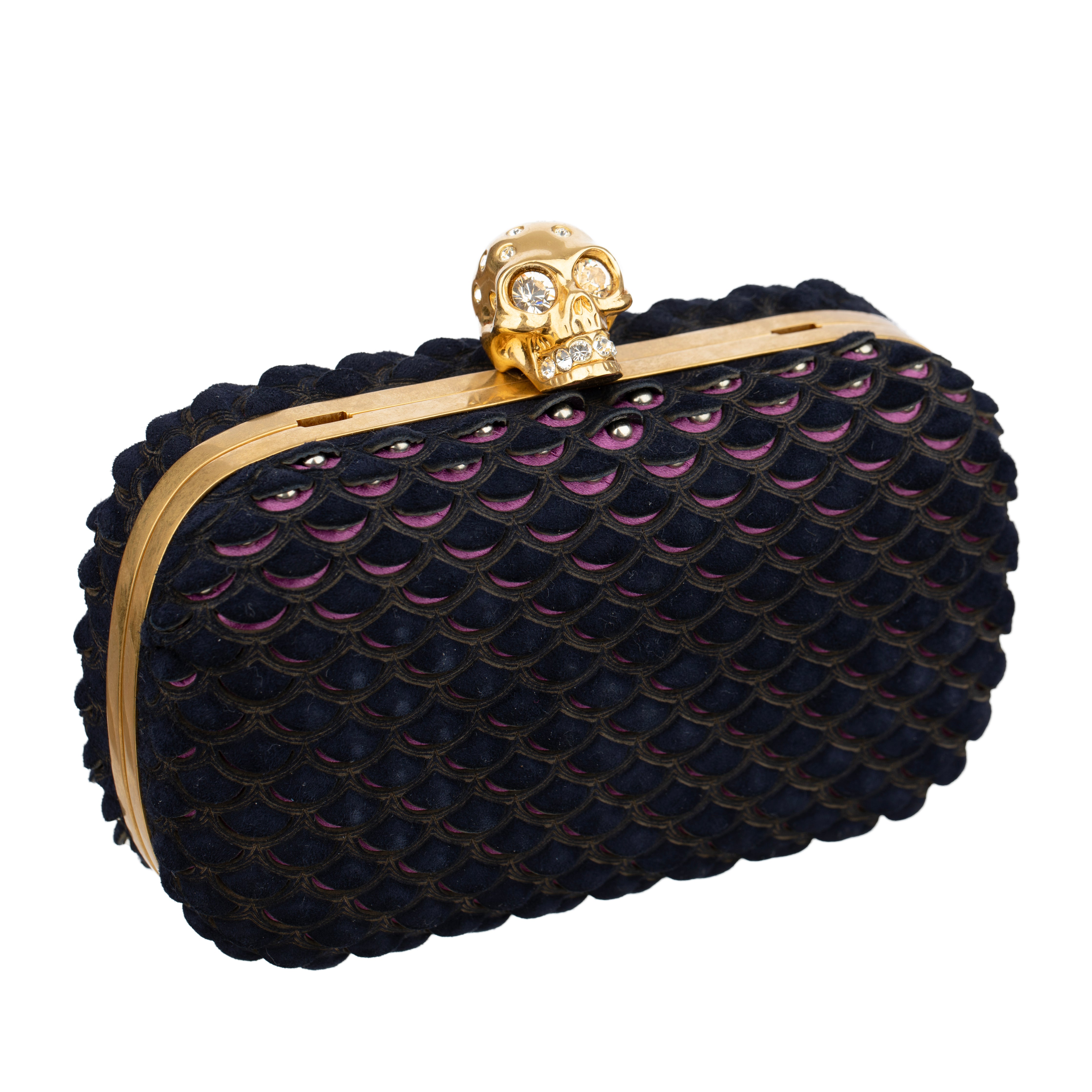 Alexander McQueen Navy Blue Textured Suede Studded Skull Clutch