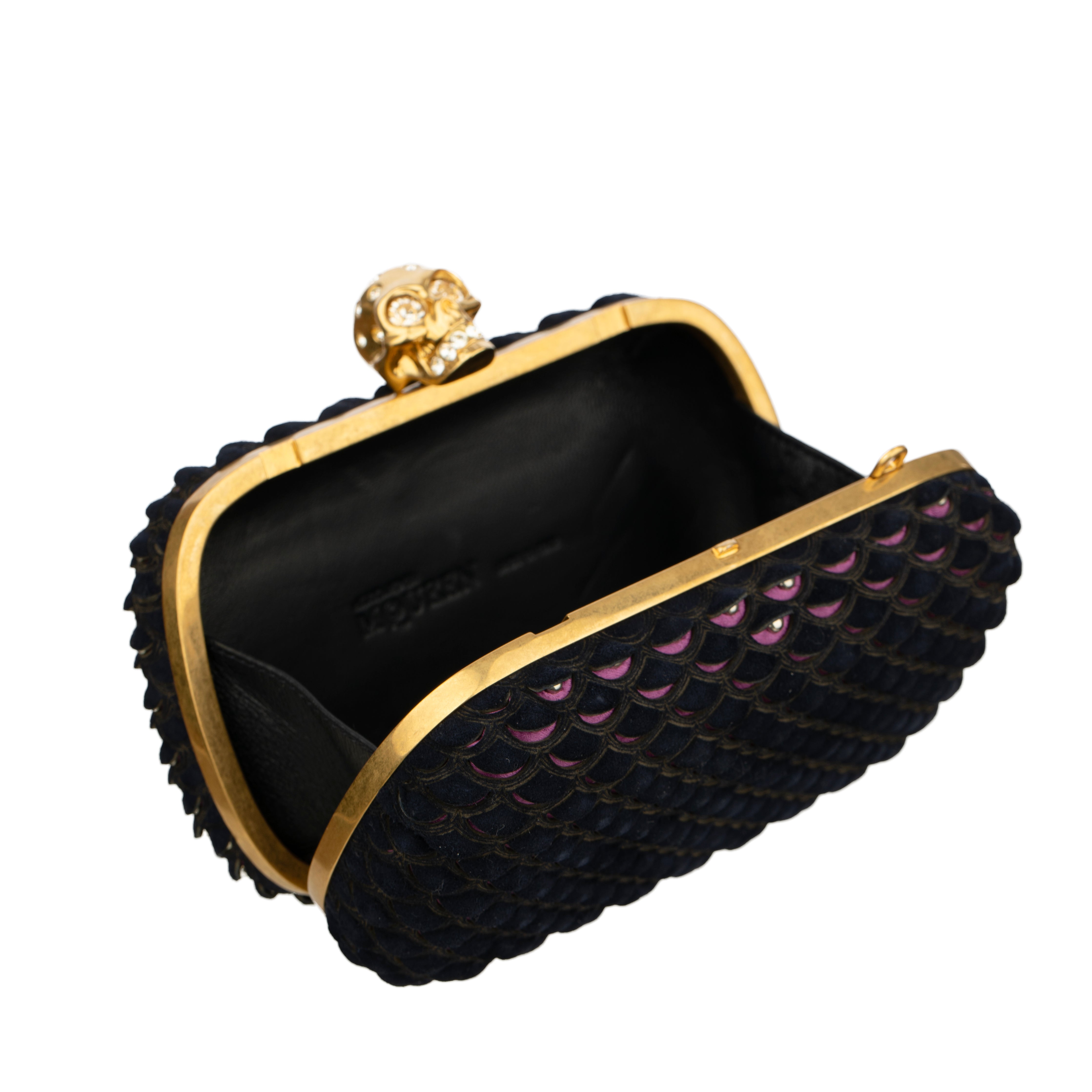 Alexander McQueen Navy Blue Textured Suede Studded Skull Clutch