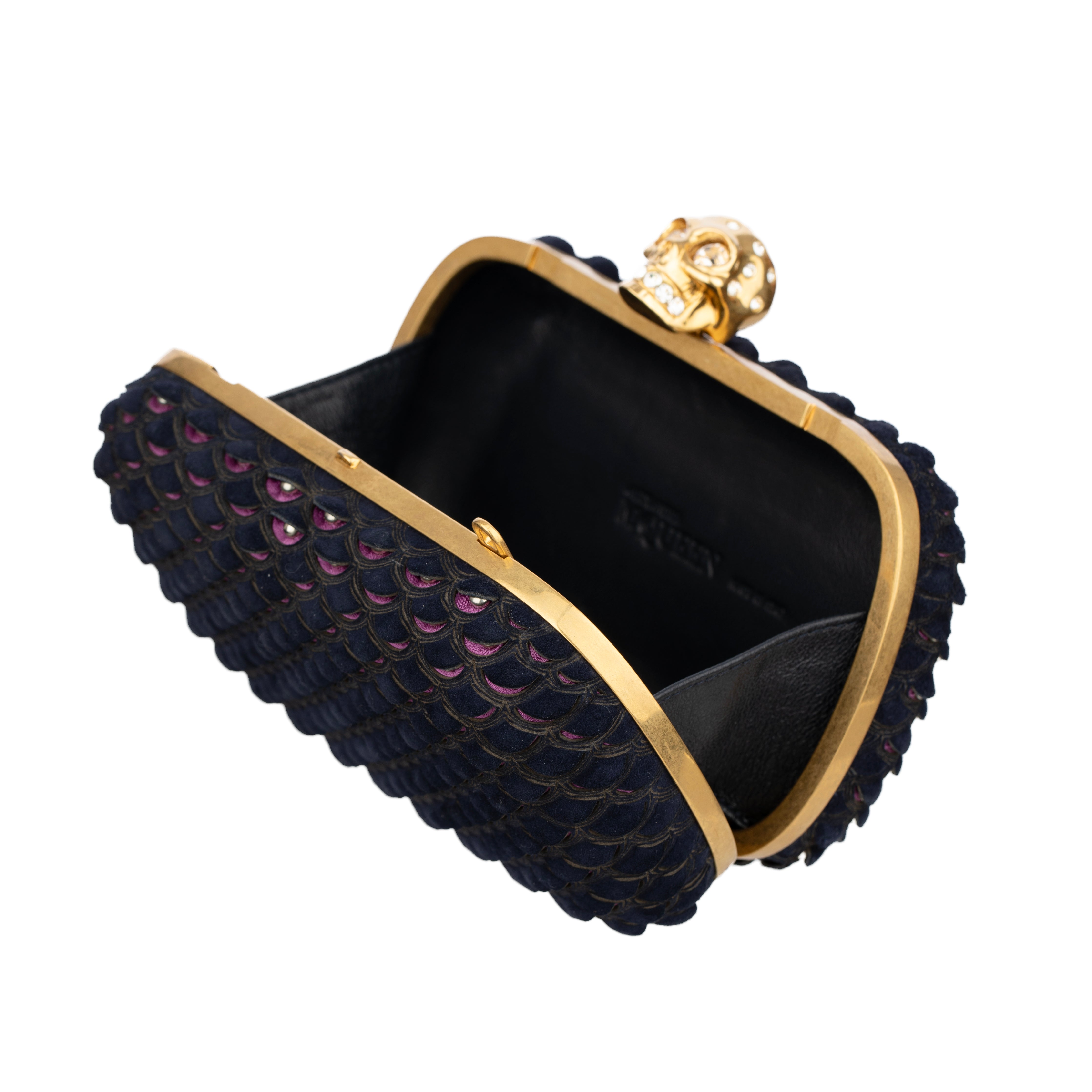 Alexander McQueen Navy Blue Textured Suede Studded Skull Clutch