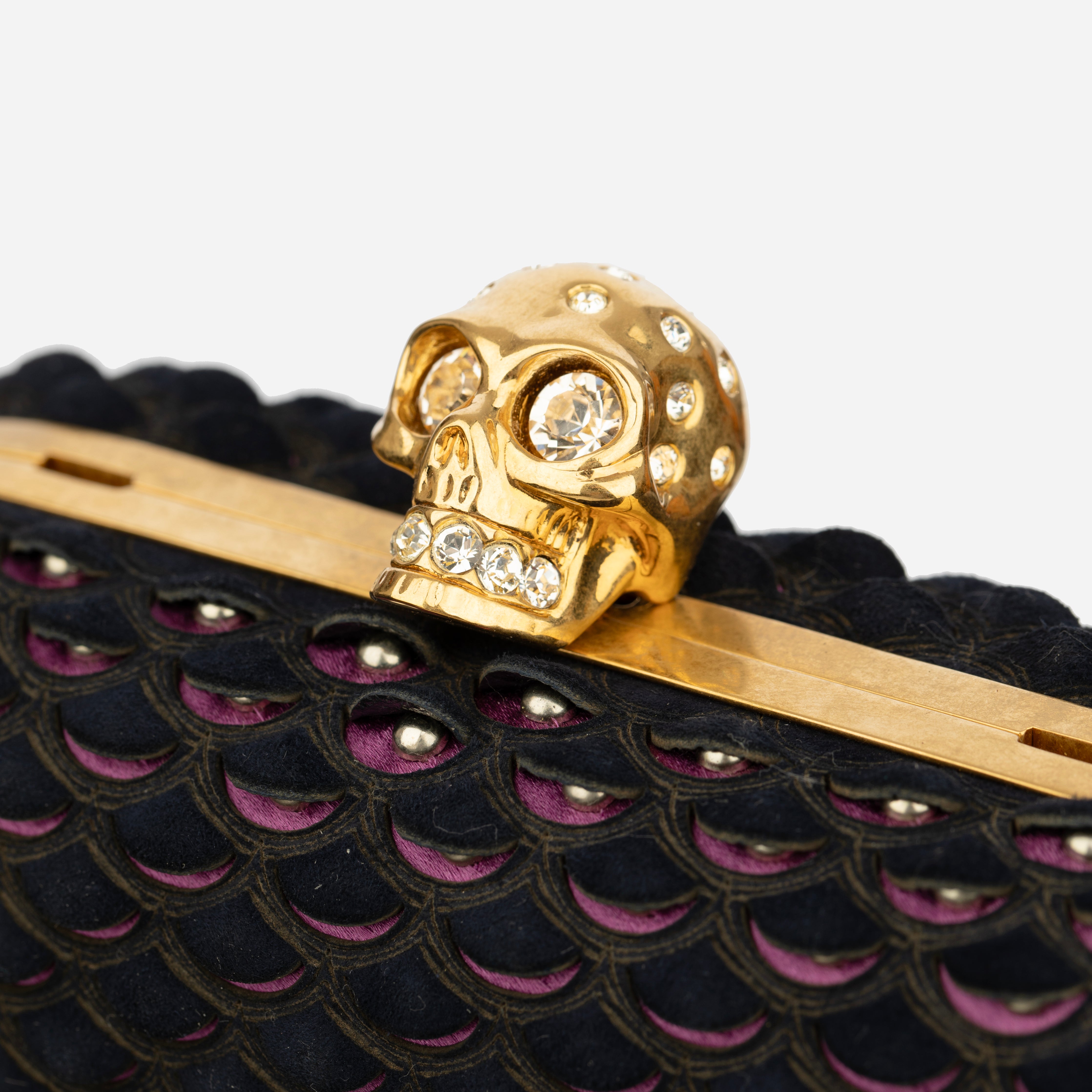 Alexander McQueen Navy Blue Textured Suede Studded Skull Clutch