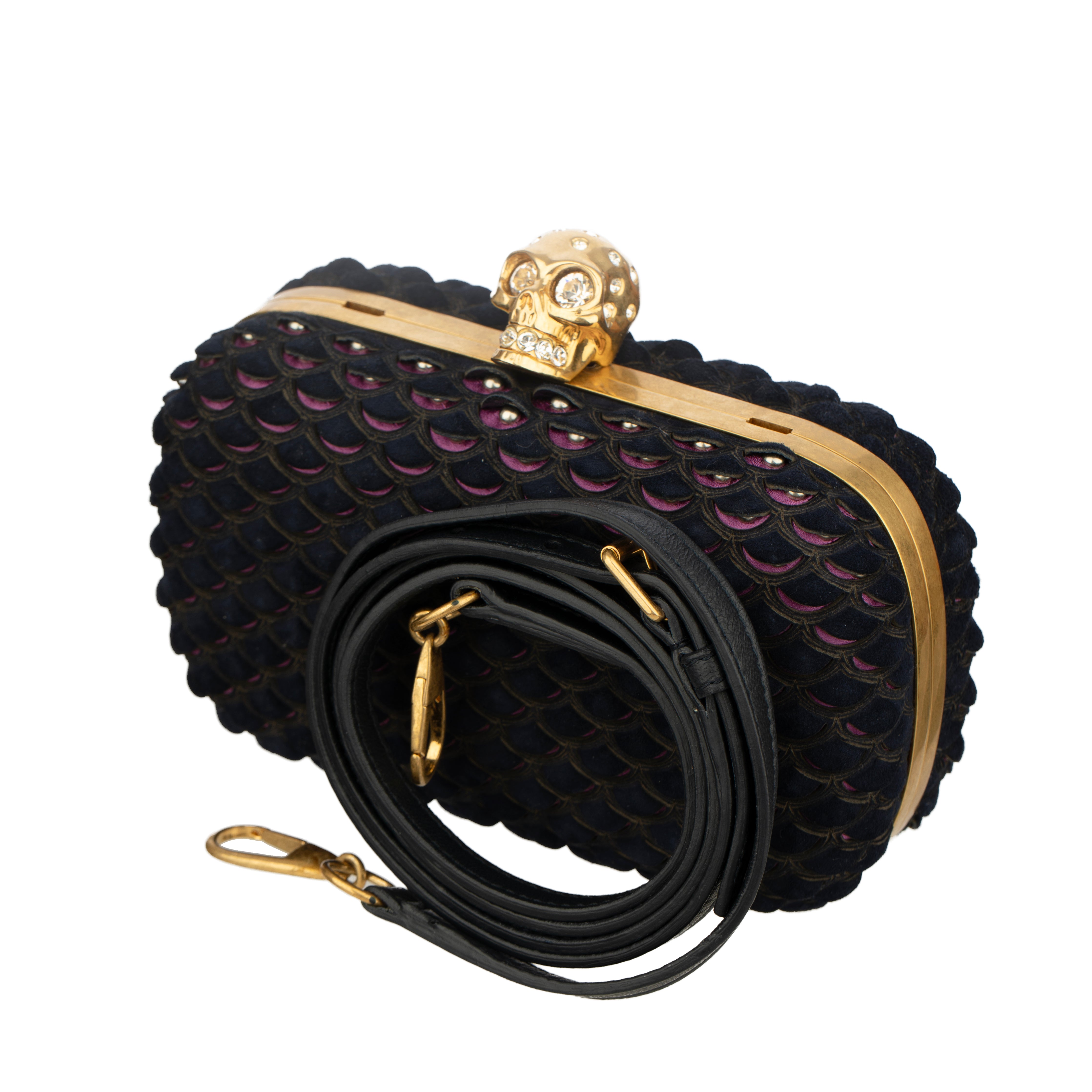 Alexander McQueen Navy Blue Textured Suede Studded Skull Clutch