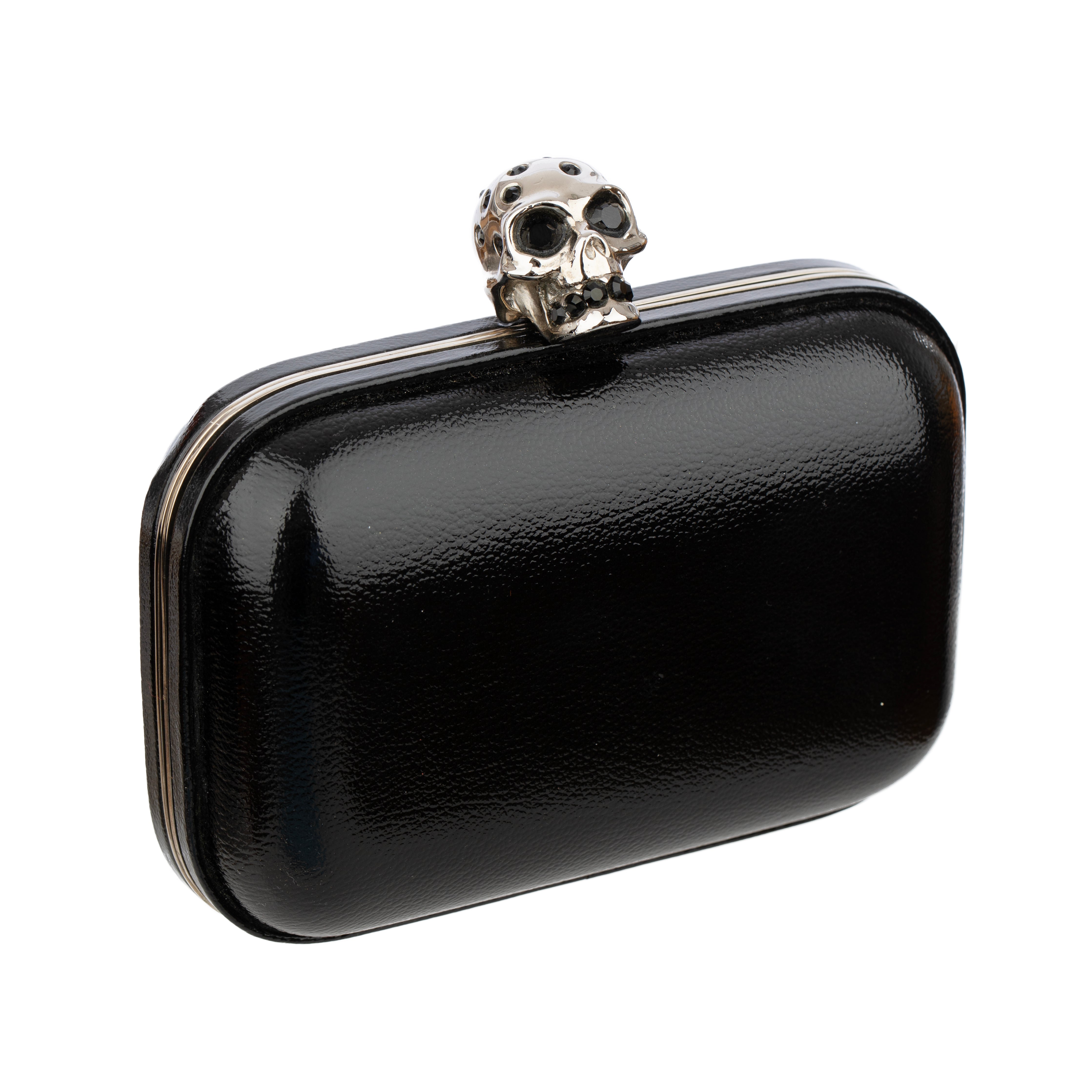 Alexander McQueen Black Gloss Leather Skull Clutch