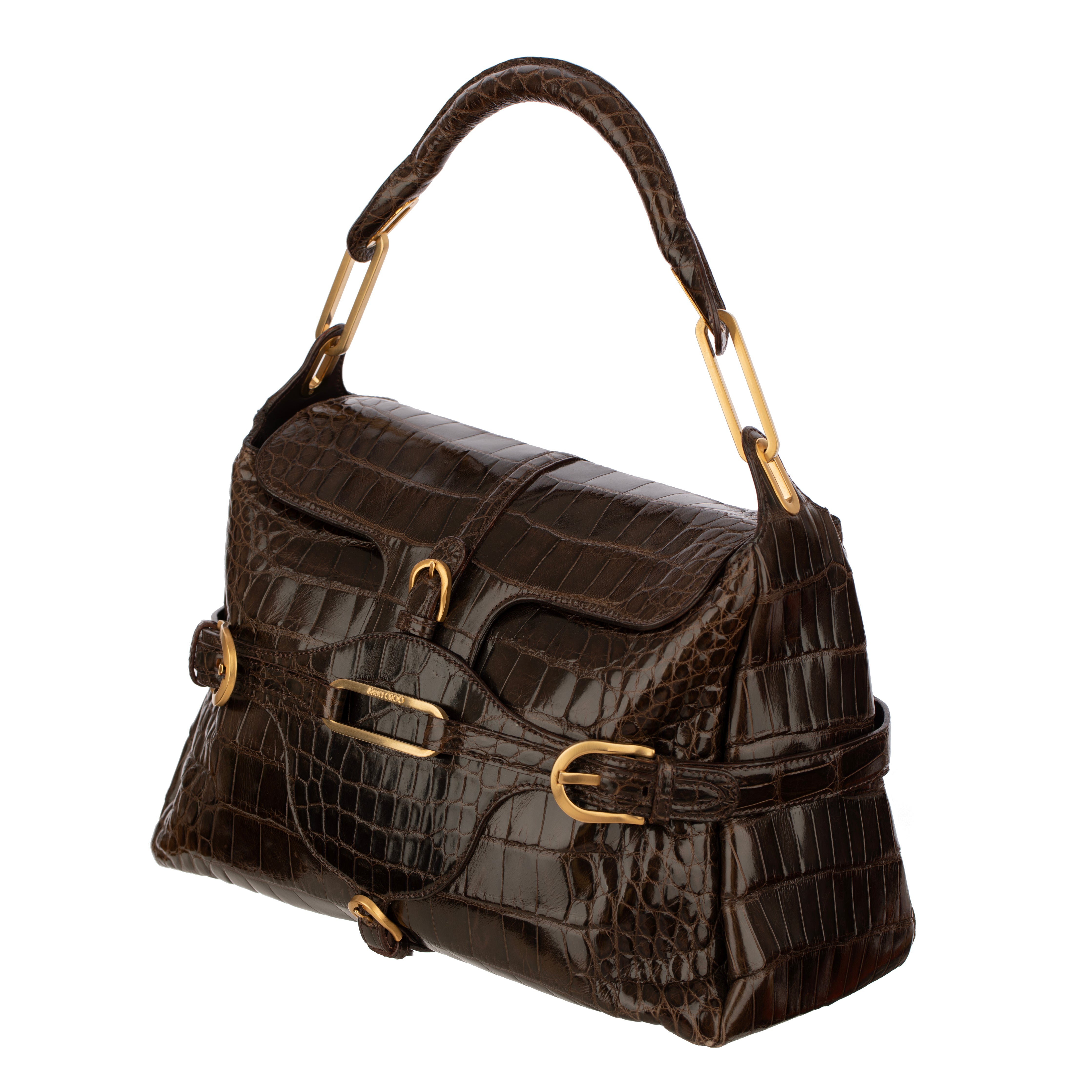 Jimmy Choo Brown Polished Crocodile Tulita Top Handle Bag Gold Tone Hardware