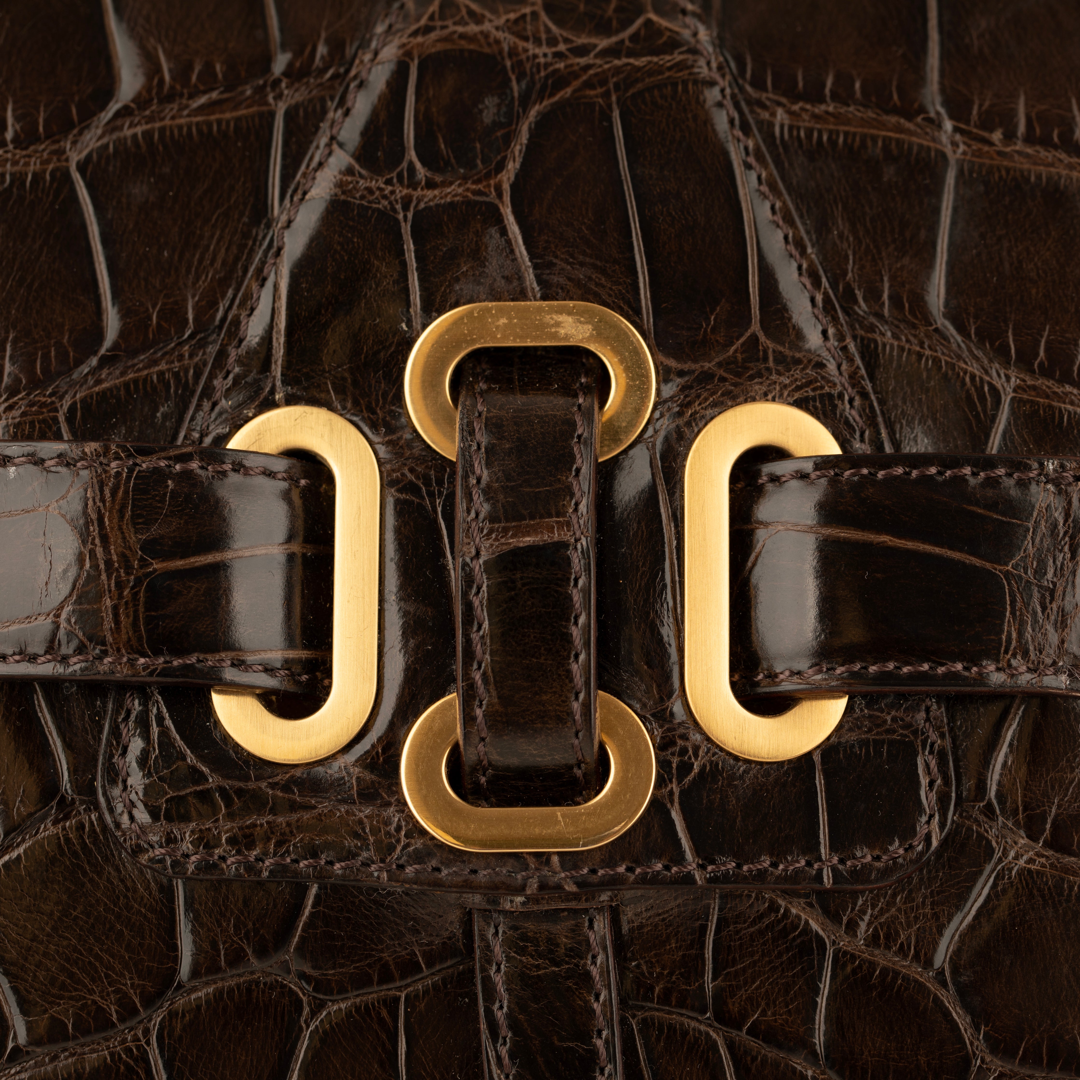 Jimmy Choo Brown Polished Crocodile Tulita Top Handle Bag Gold Tone Hardware