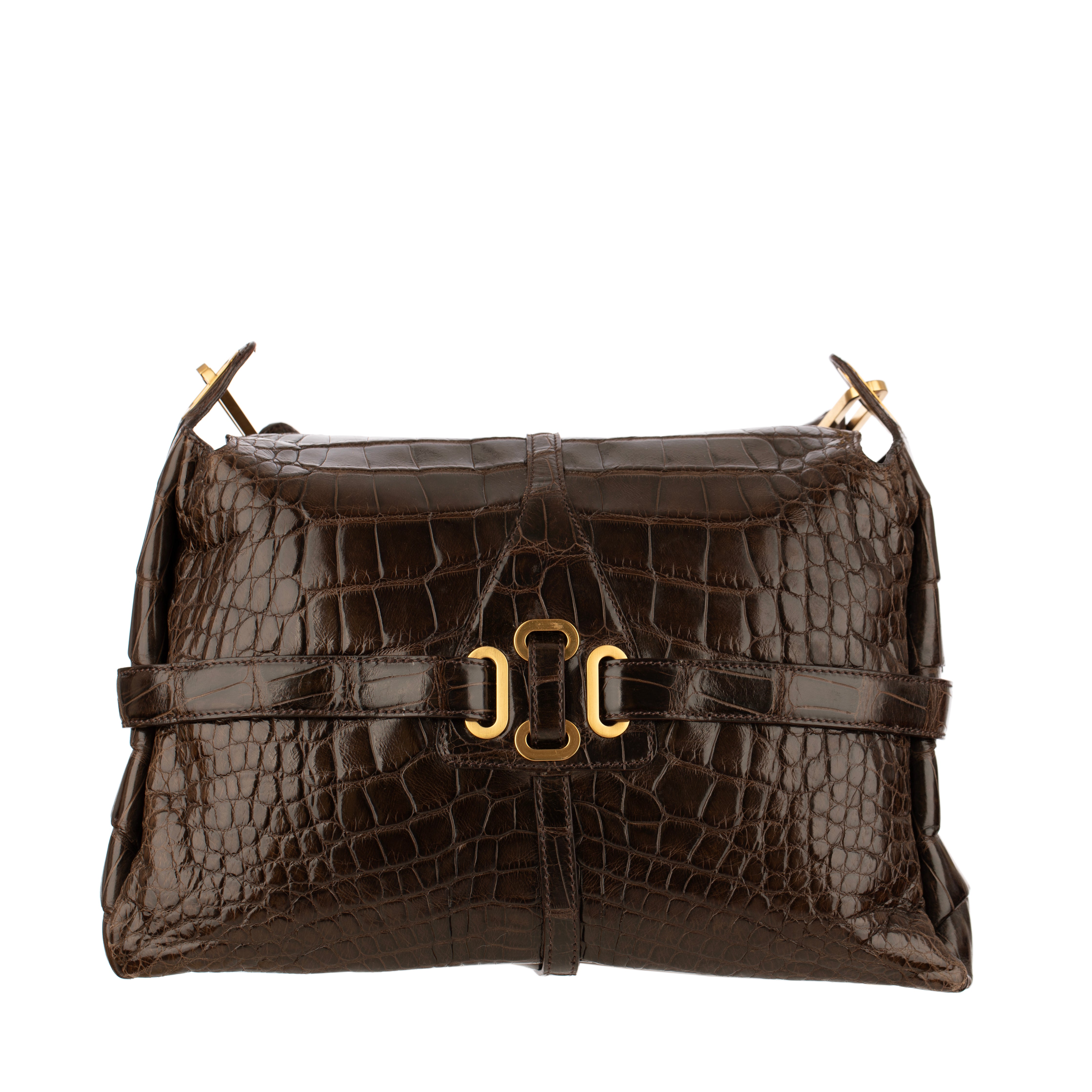 Jimmy Choo Brown Polished Crocodile Tulita Top Handle Bag Gold Tone Hardware