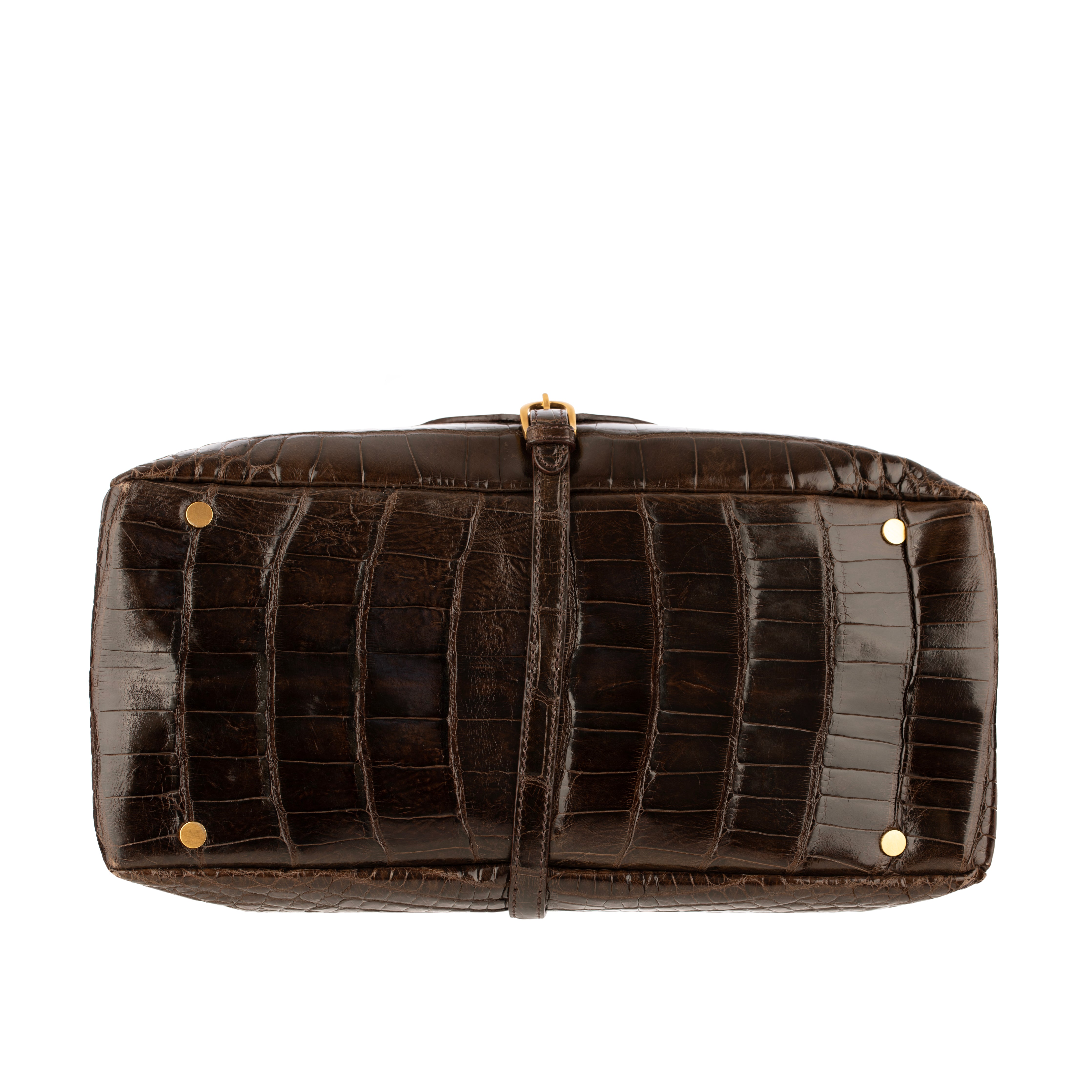 Jimmy Choo Brown Polished Crocodile Tulita Top Handle Bag Gold Tone Hardware