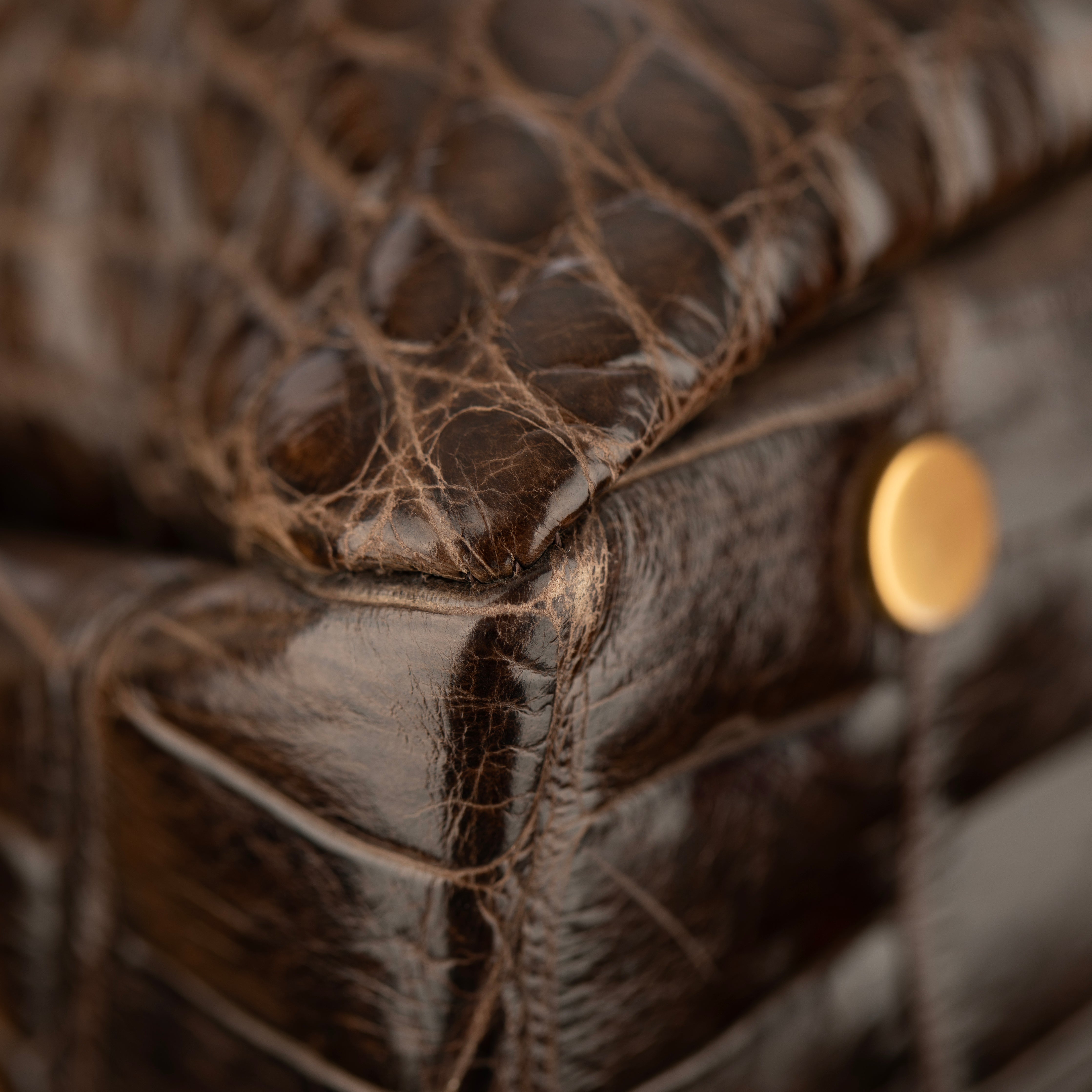 Jimmy Choo Brown Polished Crocodile Tulita Top Handle Bag Gold Tone Hardware