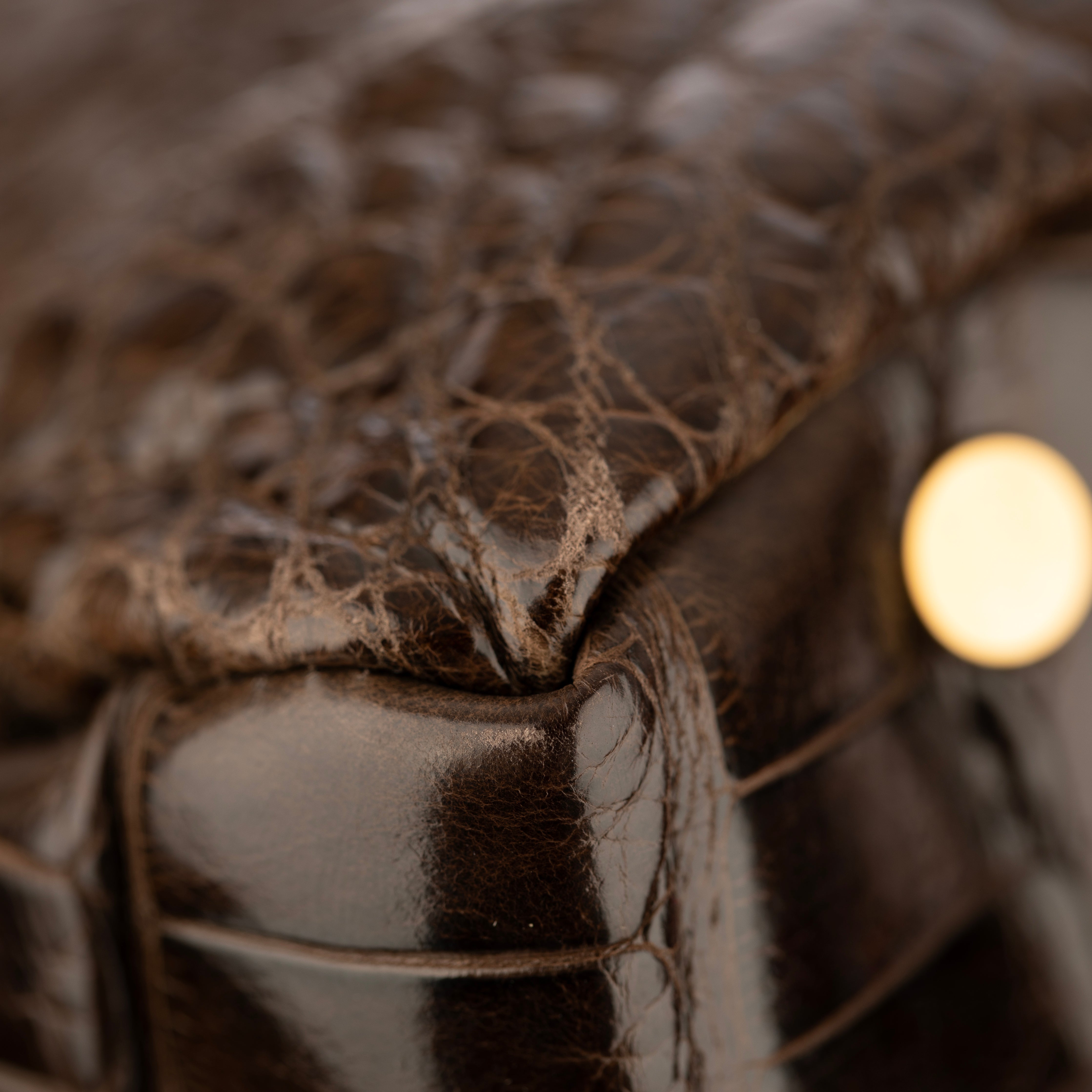 Jimmy Choo Brown Polished Crocodile Tulita Top Handle Bag Gold Tone Hardware