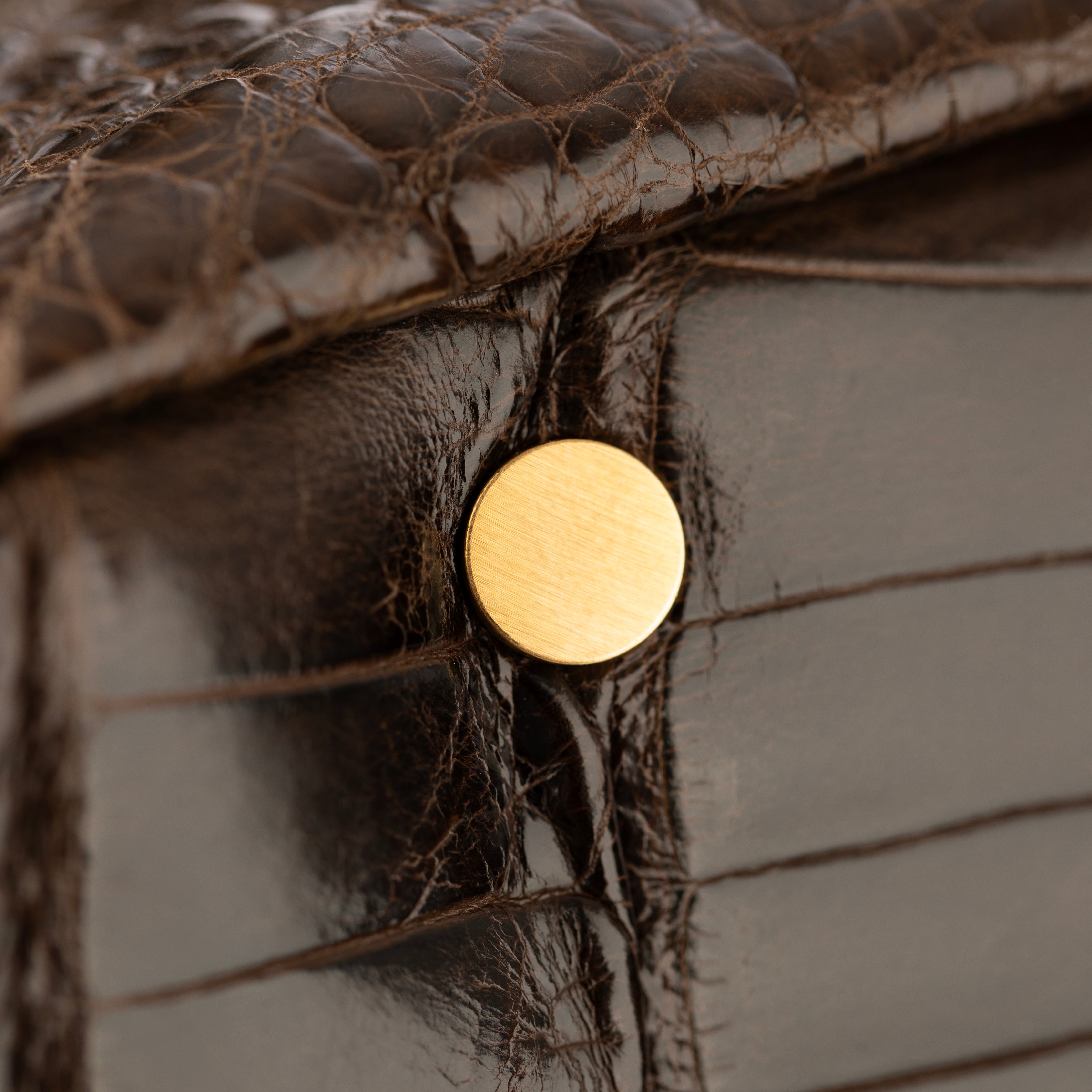 Jimmy Choo Brown Polished Crocodile Tulita Top Handle Bag Gold Tone Hardware