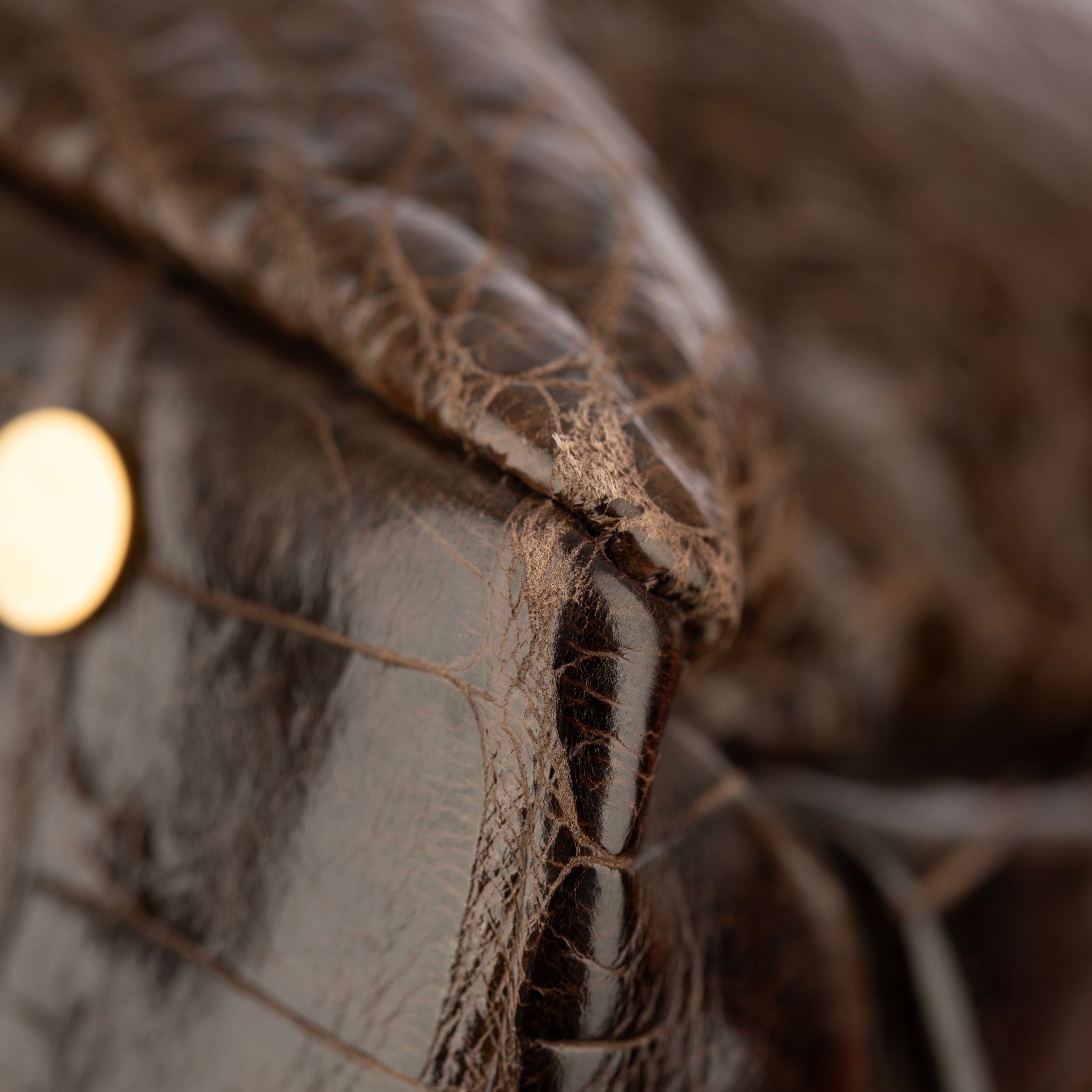 Jimmy Choo Brown Polished Crocodile Tulita Top Handle Bag Gold Tone Hardware