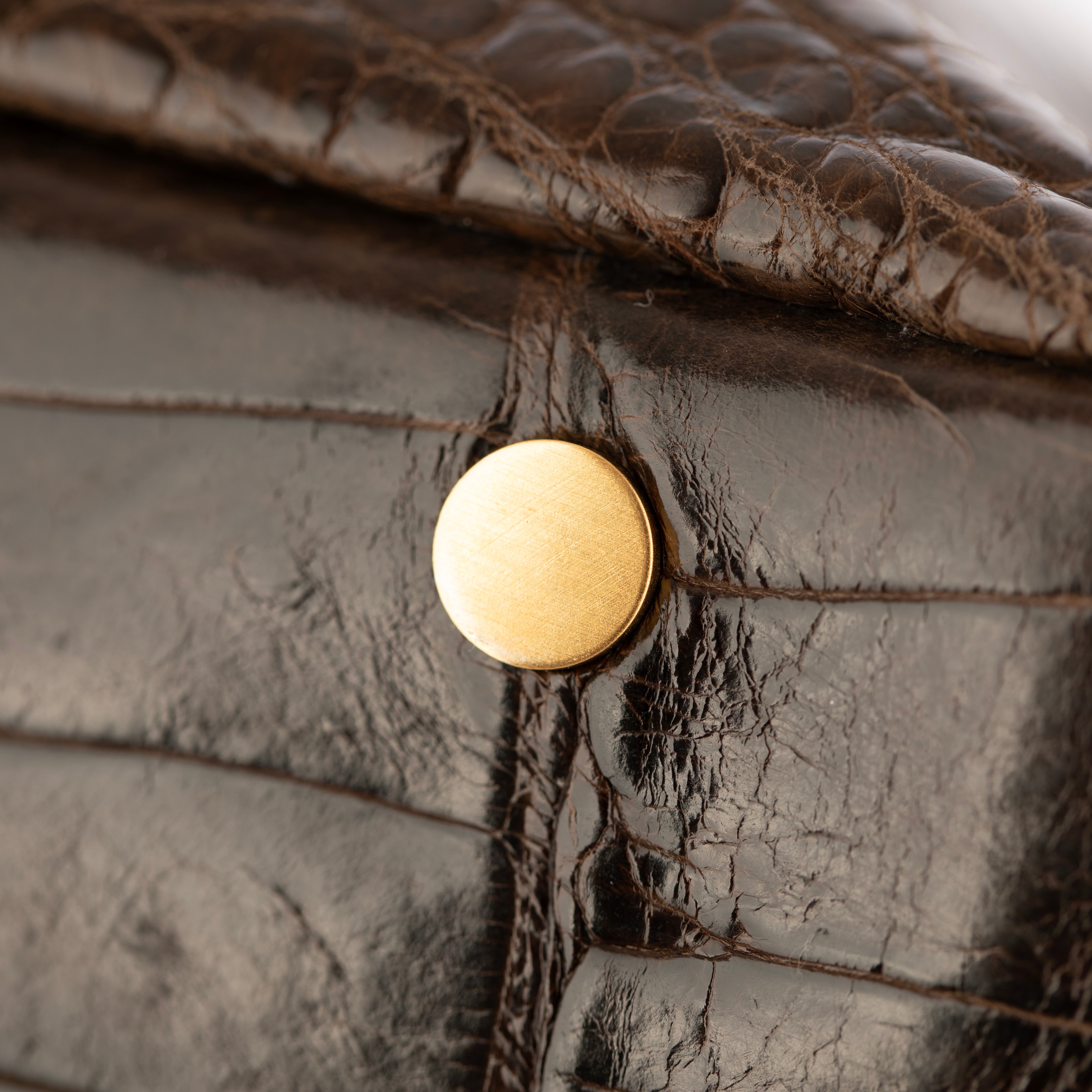 Jimmy Choo Brown Polished Crocodile Tulita Top Handle Bag Gold Tone Hardware