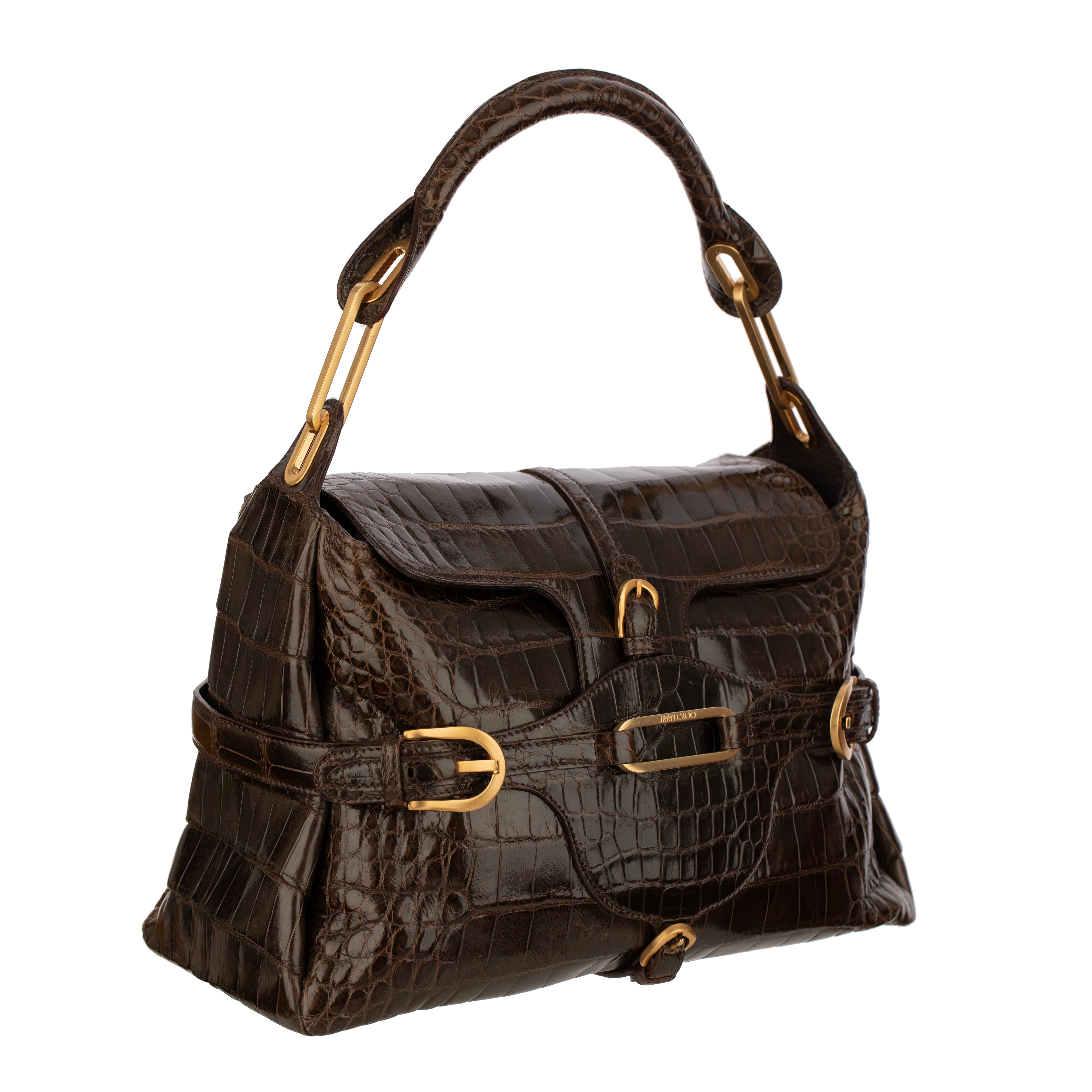 Jimmy Choo Brown Polished Crocodile Tulita Top Handle Bag Gold Tone Hardware