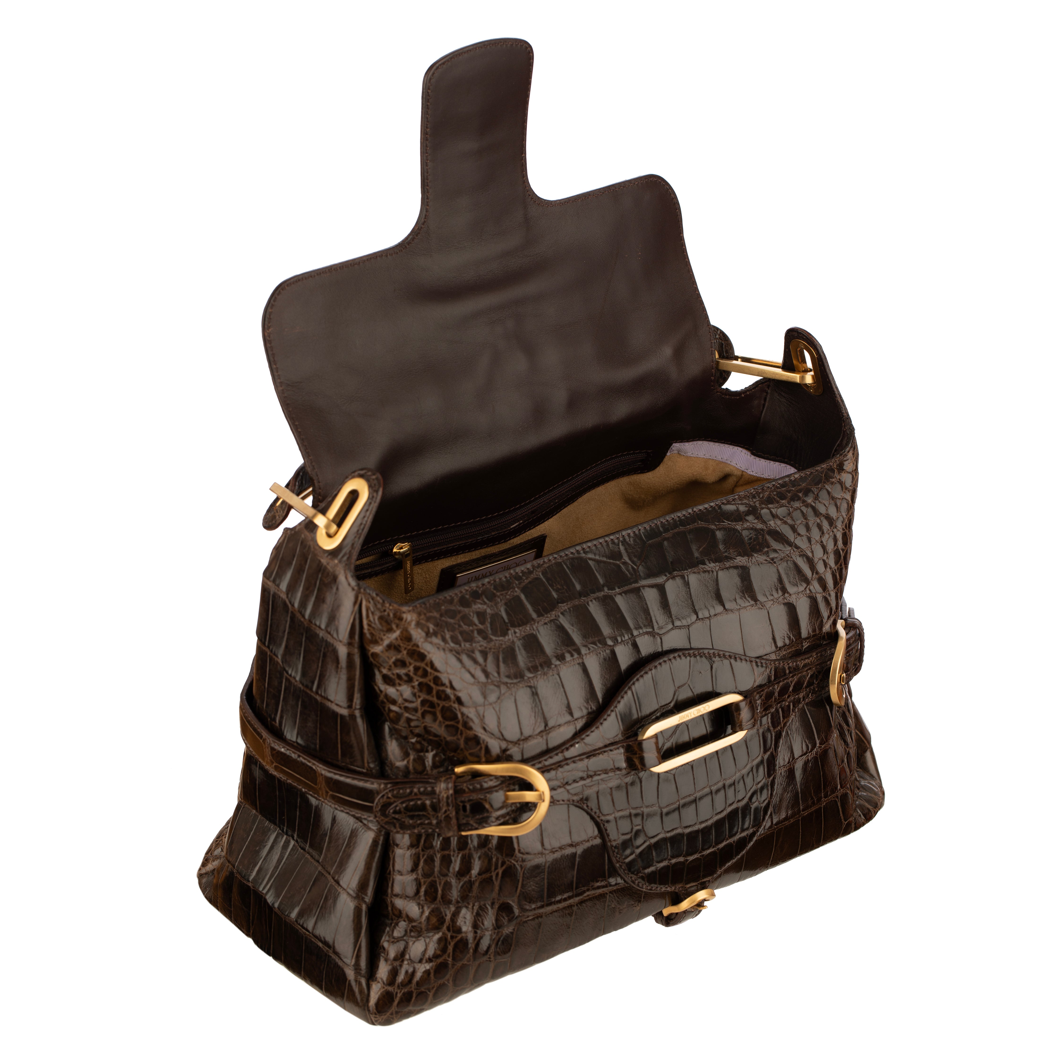 Jimmy Choo Brown Polished Crocodile Tulita Top Handle Bag Gold Tone Hardware