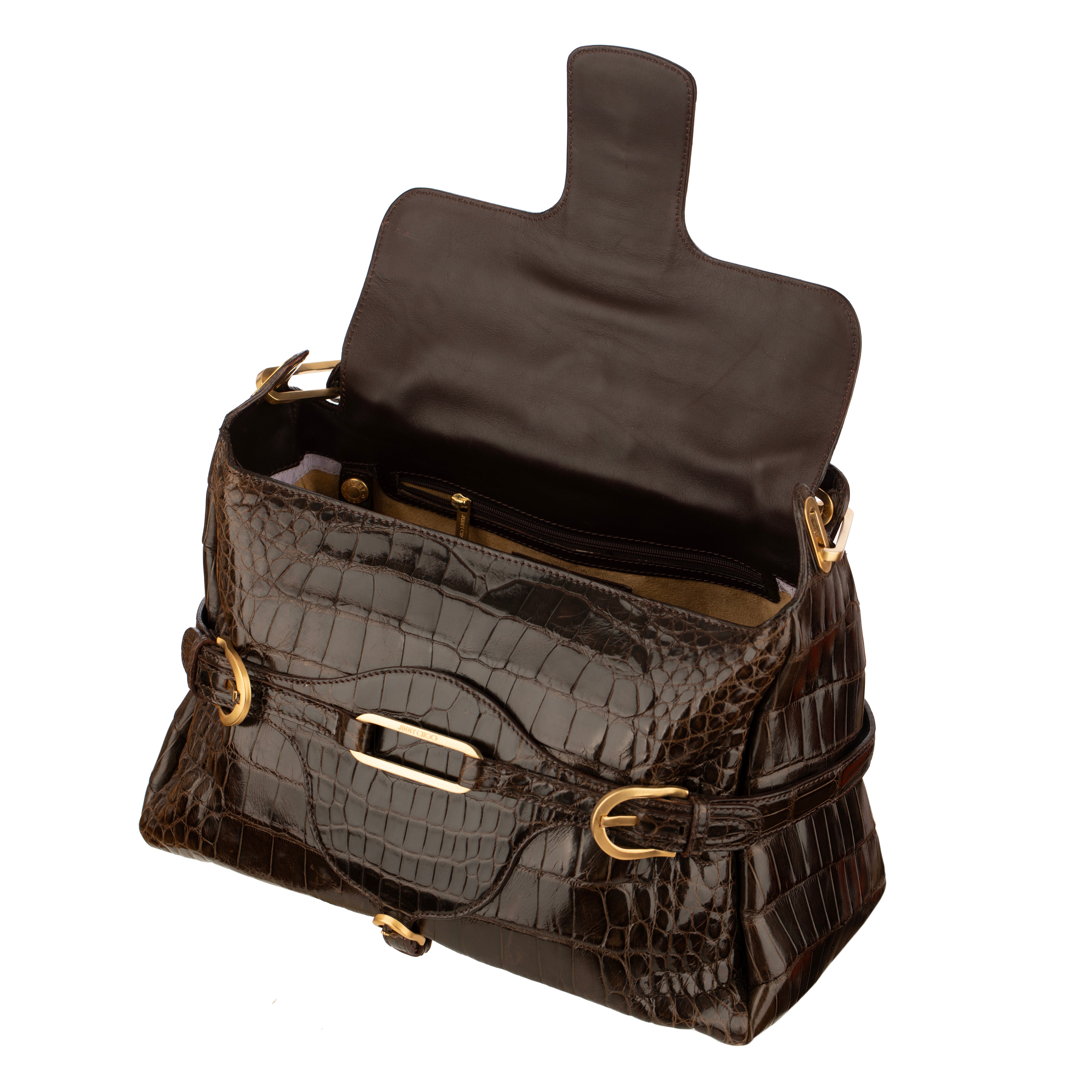 Jimmy Choo Brown Polished Crocodile Tulita Top Handle Bag Gold Tone Hardware