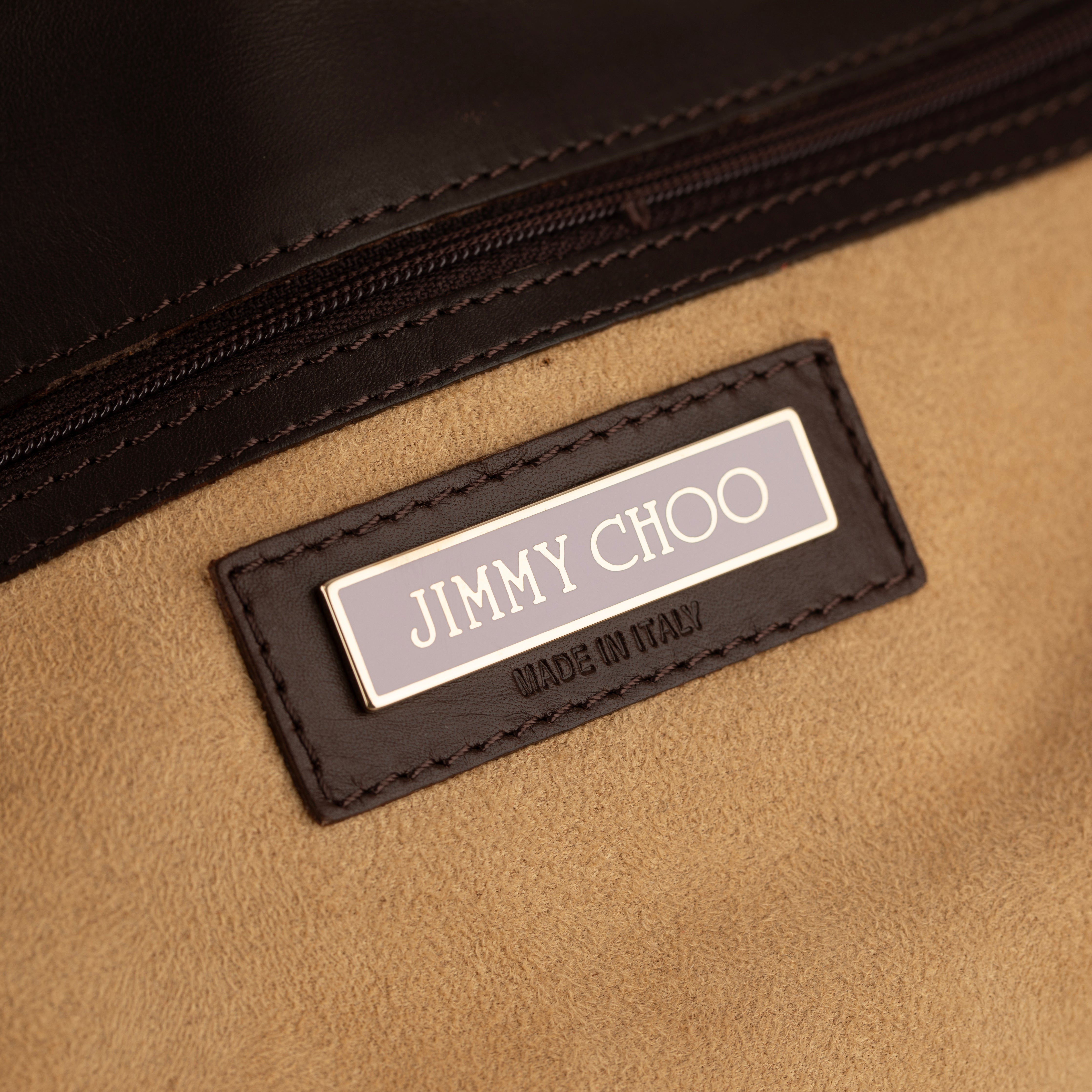 Jimmy Choo Brown Polished Crocodile Tulita Top Handle Bag Gold Tone Hardware