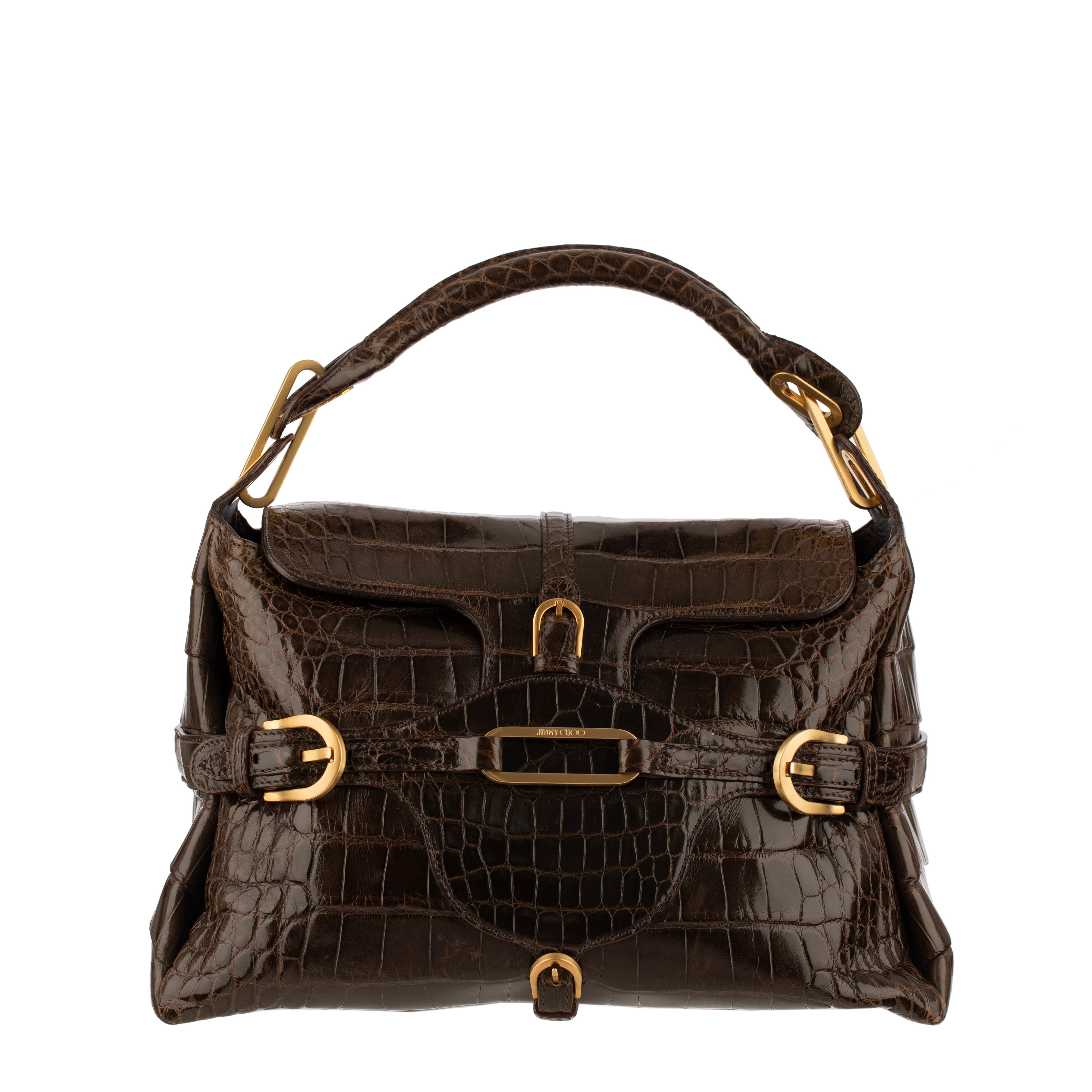 Jimmy Choo Brown Polished Crocodile Tulita Top Handle Bag Gold Tone Hardware