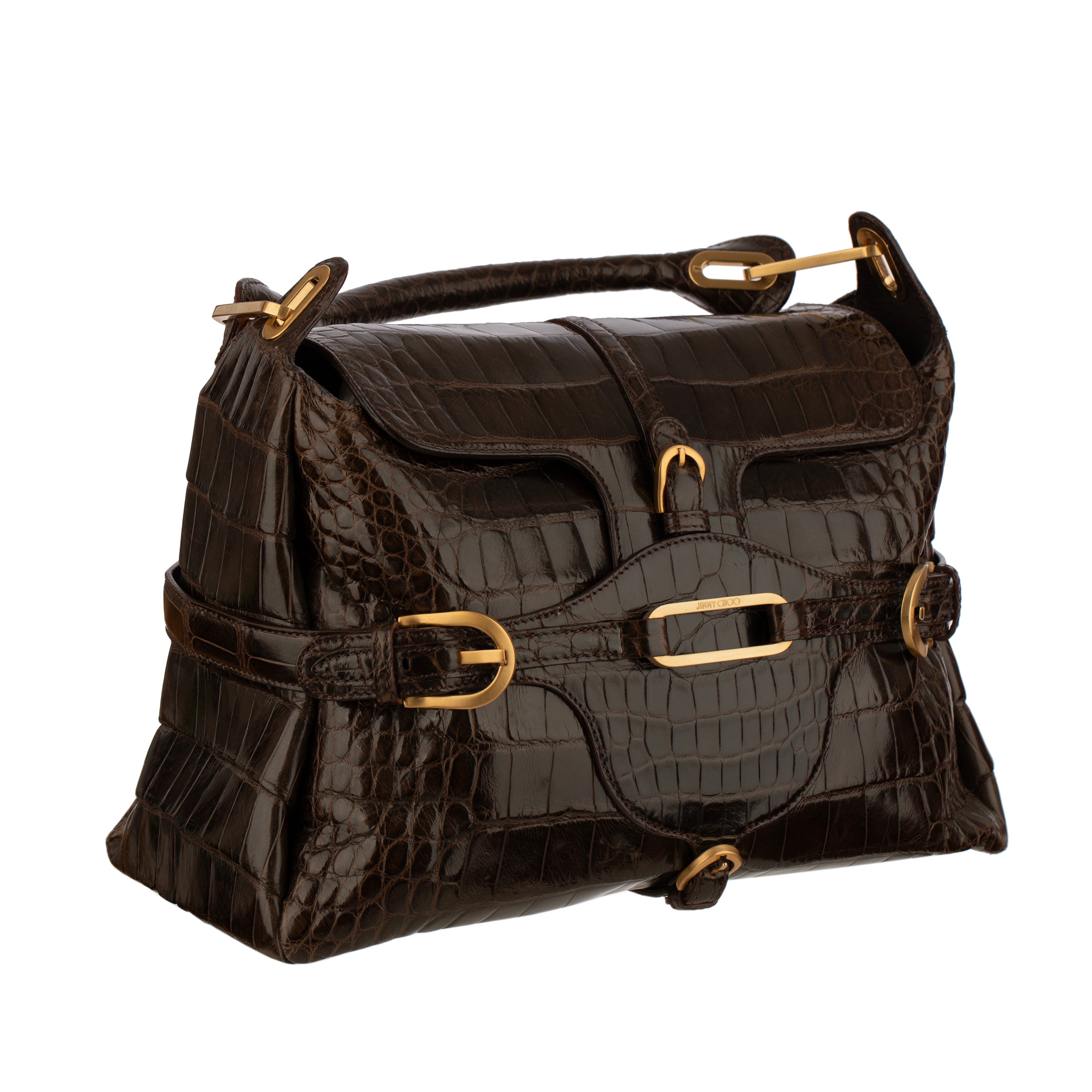 Jimmy Choo Brown Polished Crocodile Tulita Top Handle Bag Gold Tone Hardware