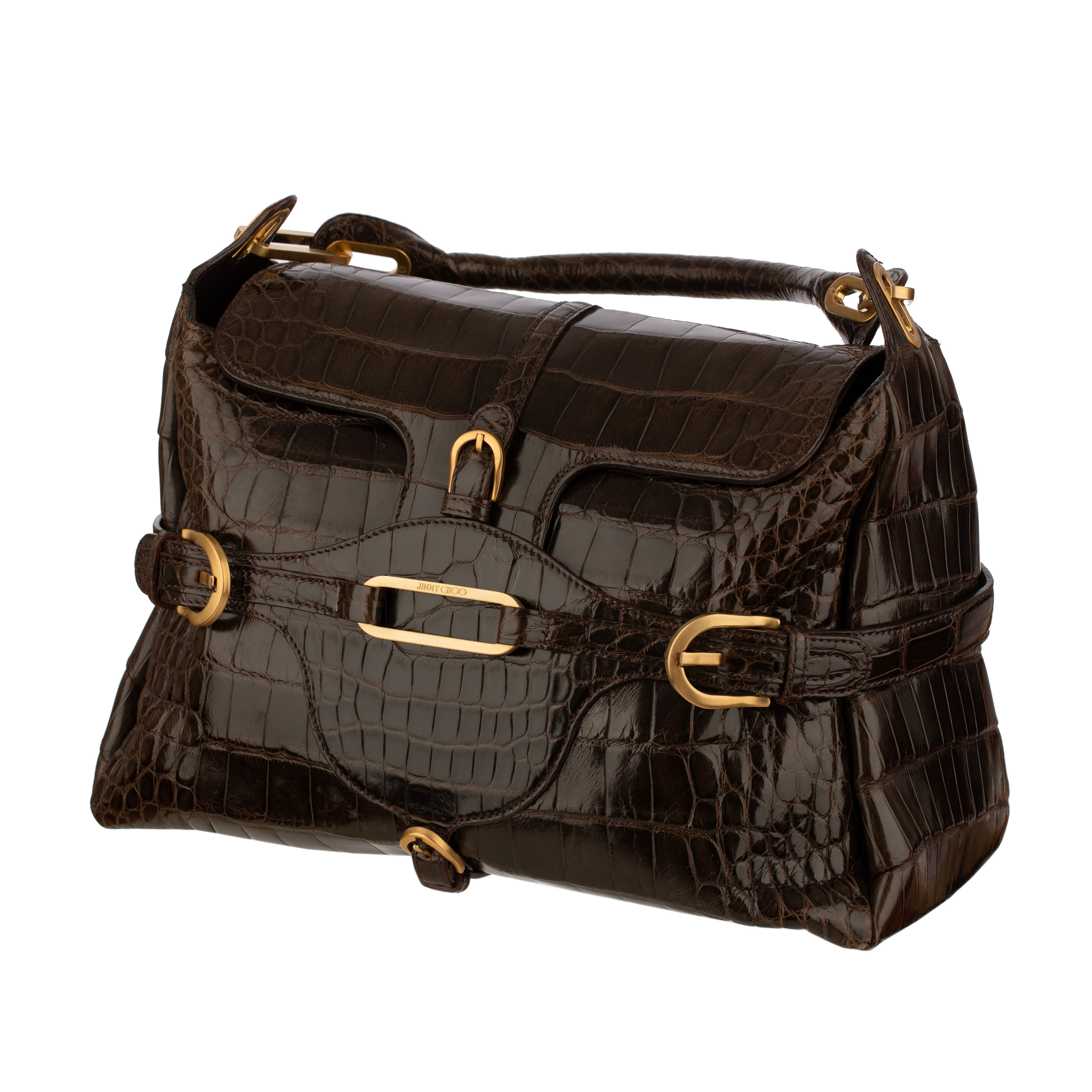 Jimmy Choo Brown Polished Crocodile Tulita Top Handle Bag Gold Tone Hardware