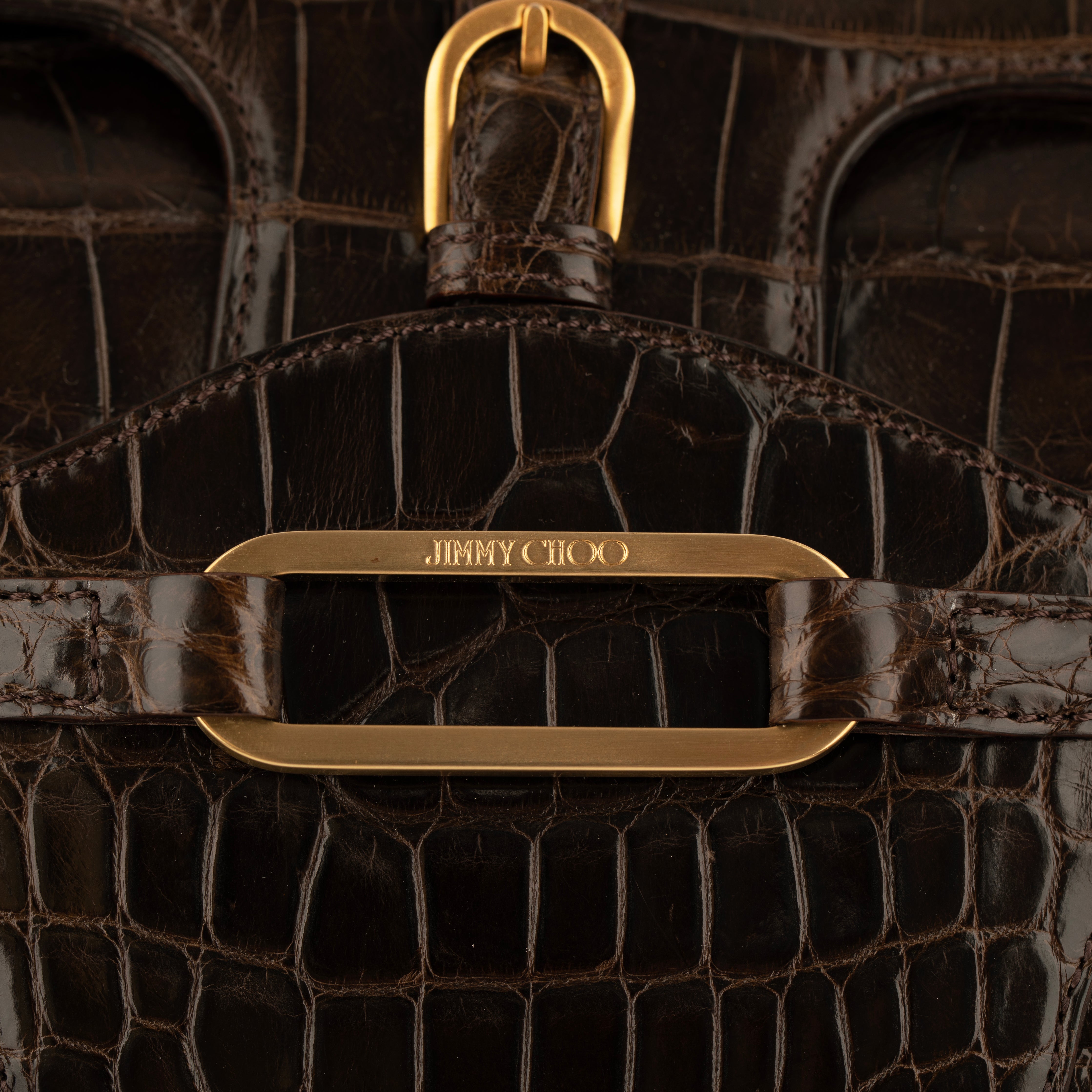 Jimmy Choo Brown Polished Crocodile Tulita Top Handle Bag Gold Tone Hardware