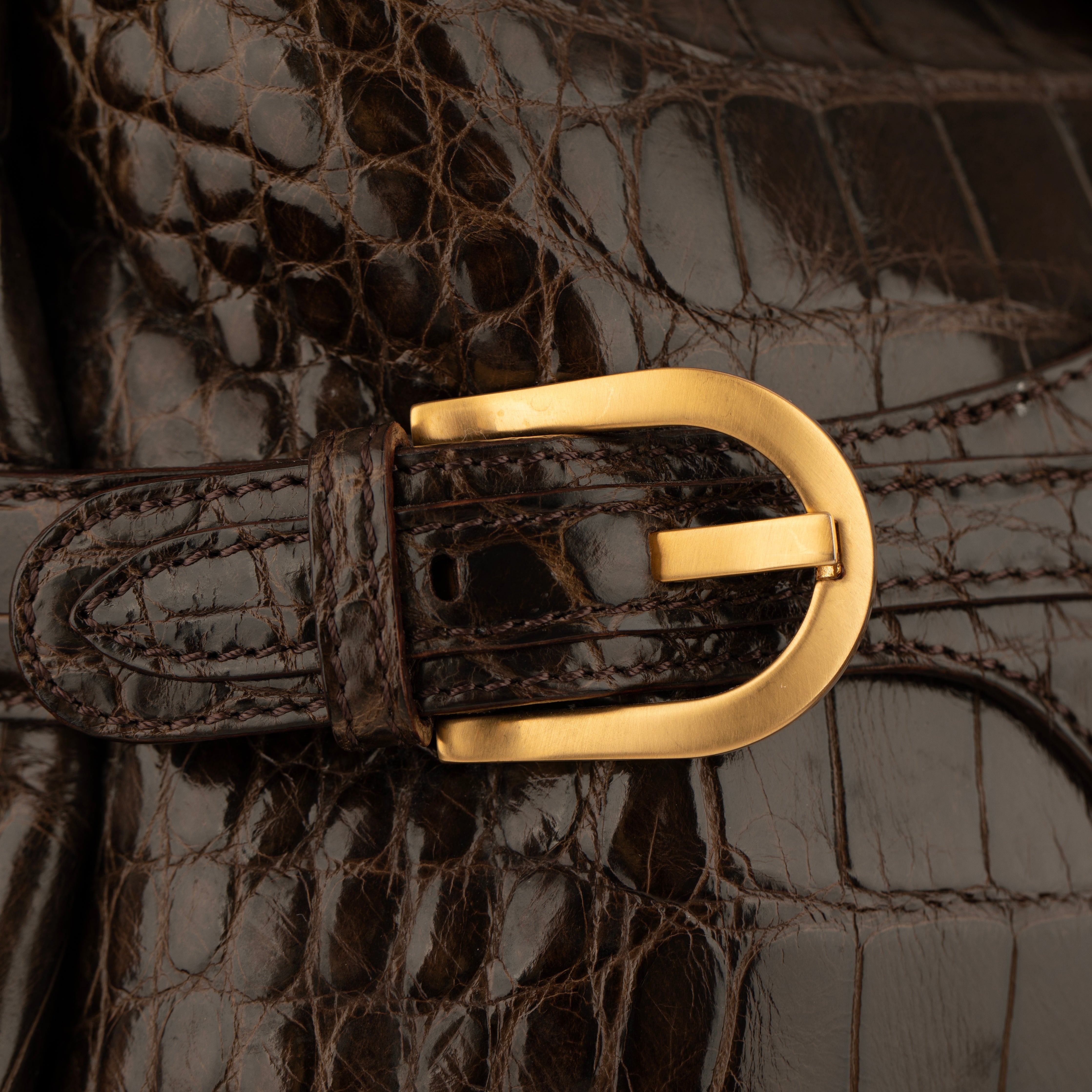 Jimmy Choo Brown Polished Crocodile Tulita Top Handle Bag Gold Tone Hardware