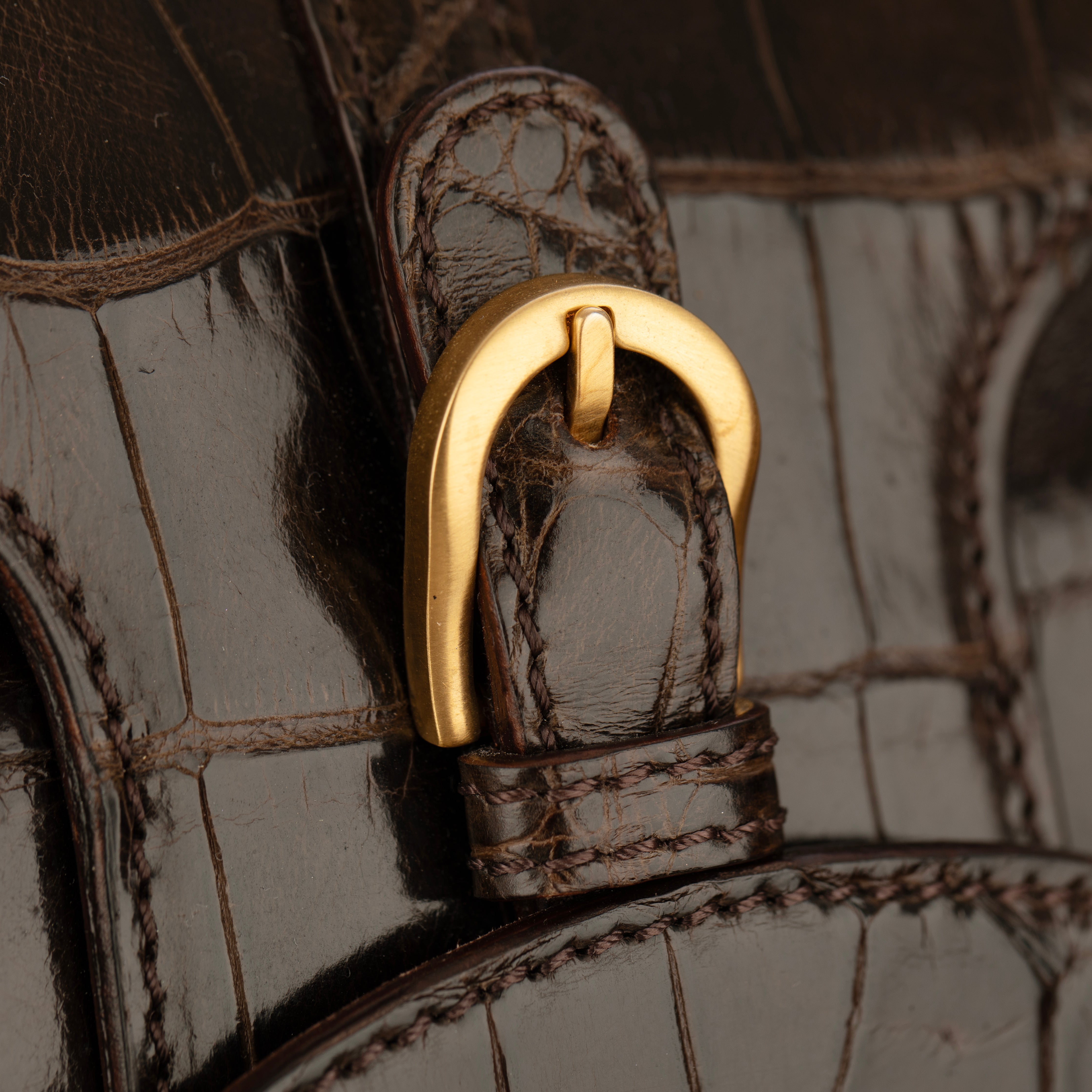 Jimmy Choo Brown Polished Crocodile Tulita Top Handle Bag Gold Tone Hardware