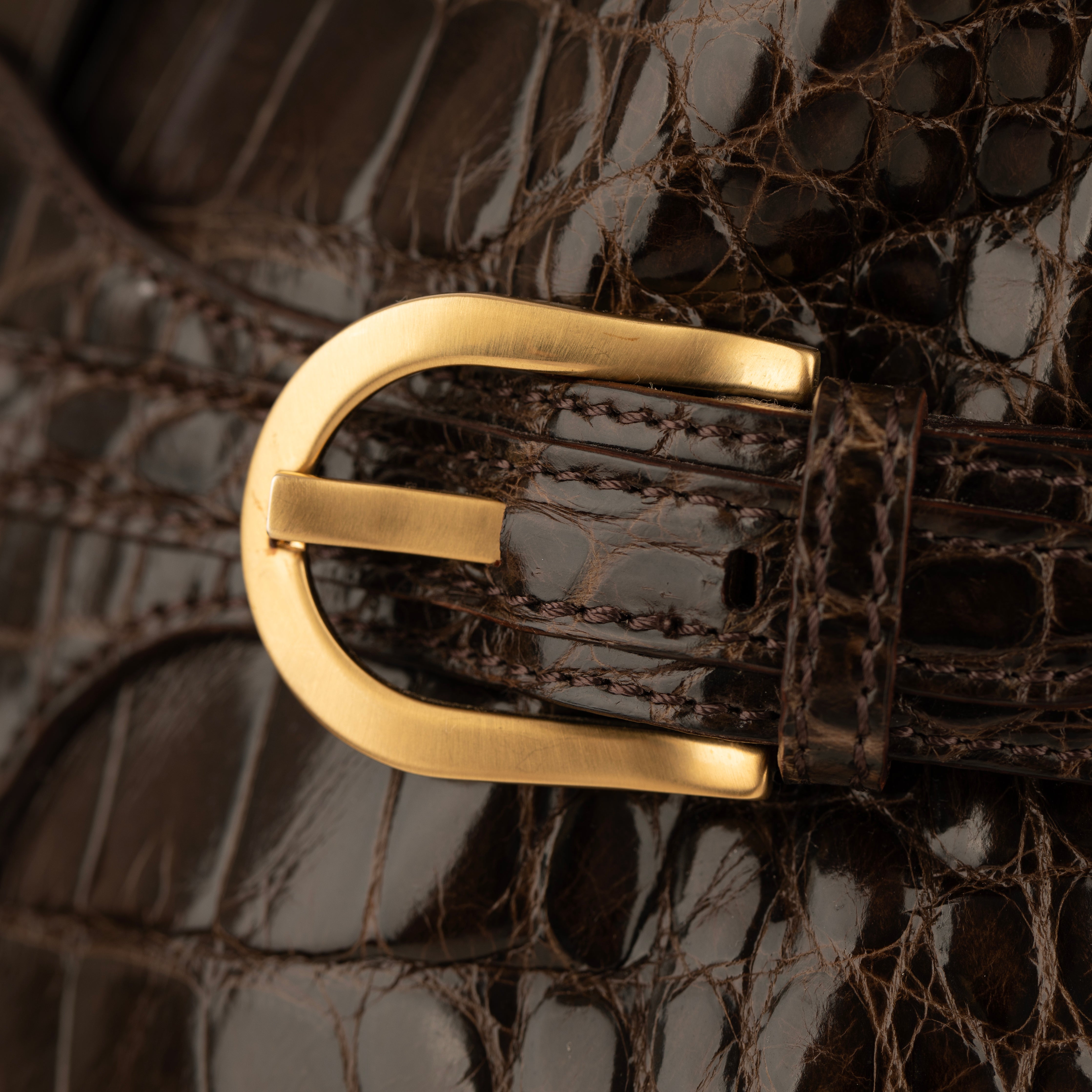 Jimmy Choo Brown Polished Crocodile Tulita Top Handle Bag Gold Tone Hardware