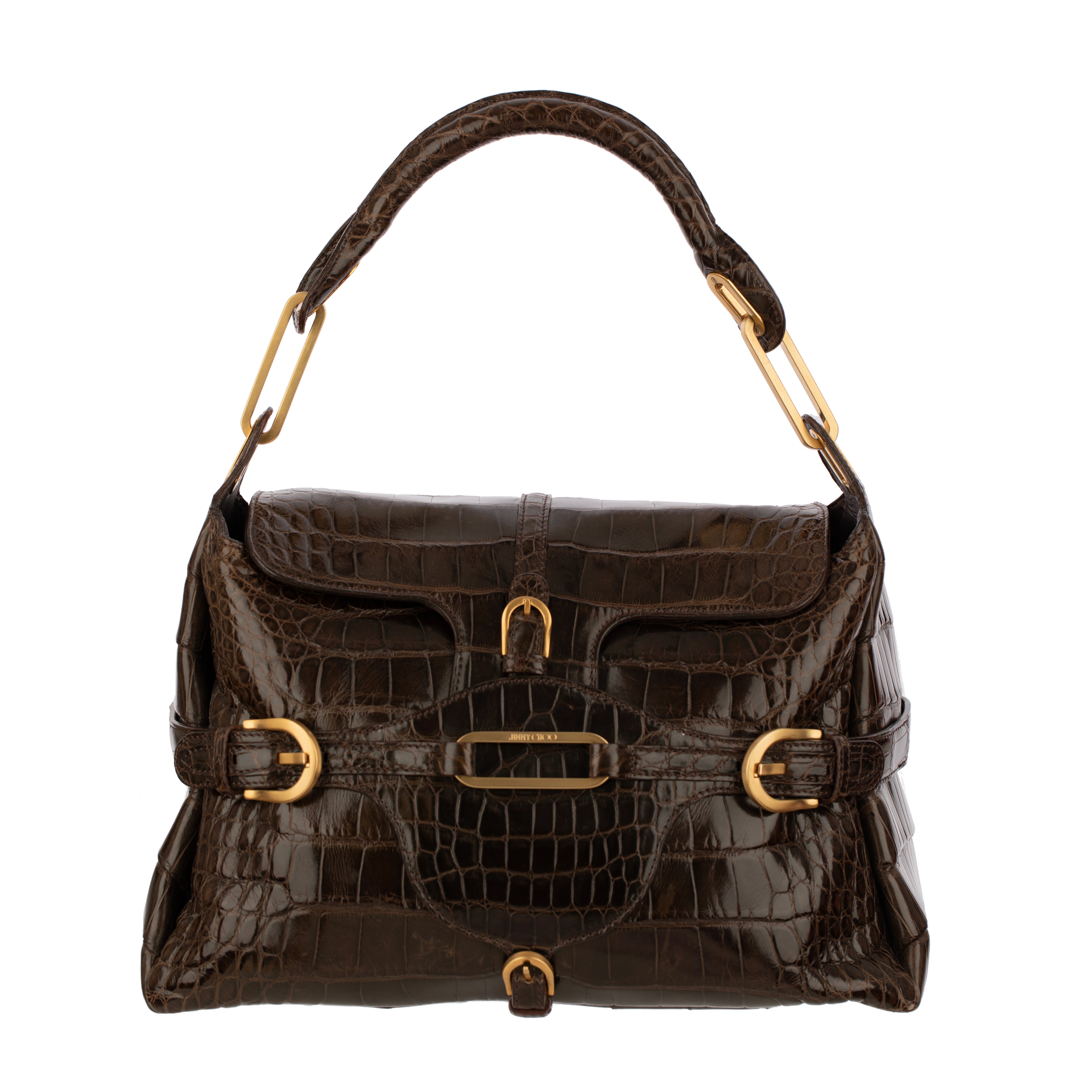 Jimmy Choo Brown Polished Crocodile Tulita Top Handle Bag Gold Tone Hardware