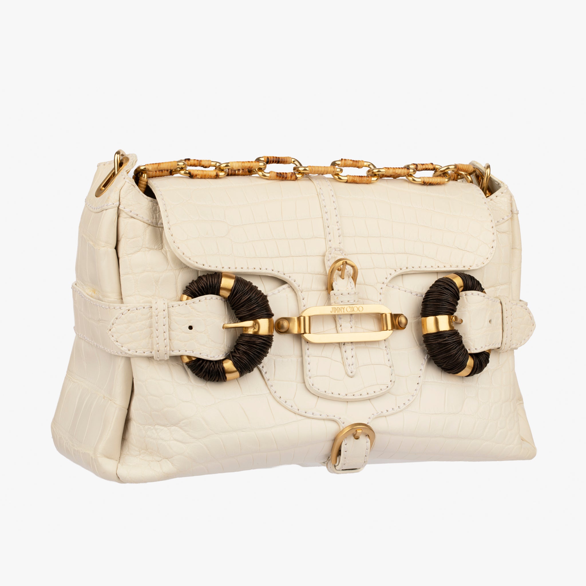 Jimmy Choo White Matte Crocodile Tulita Top Handle Bag Gold Tone Hardware
