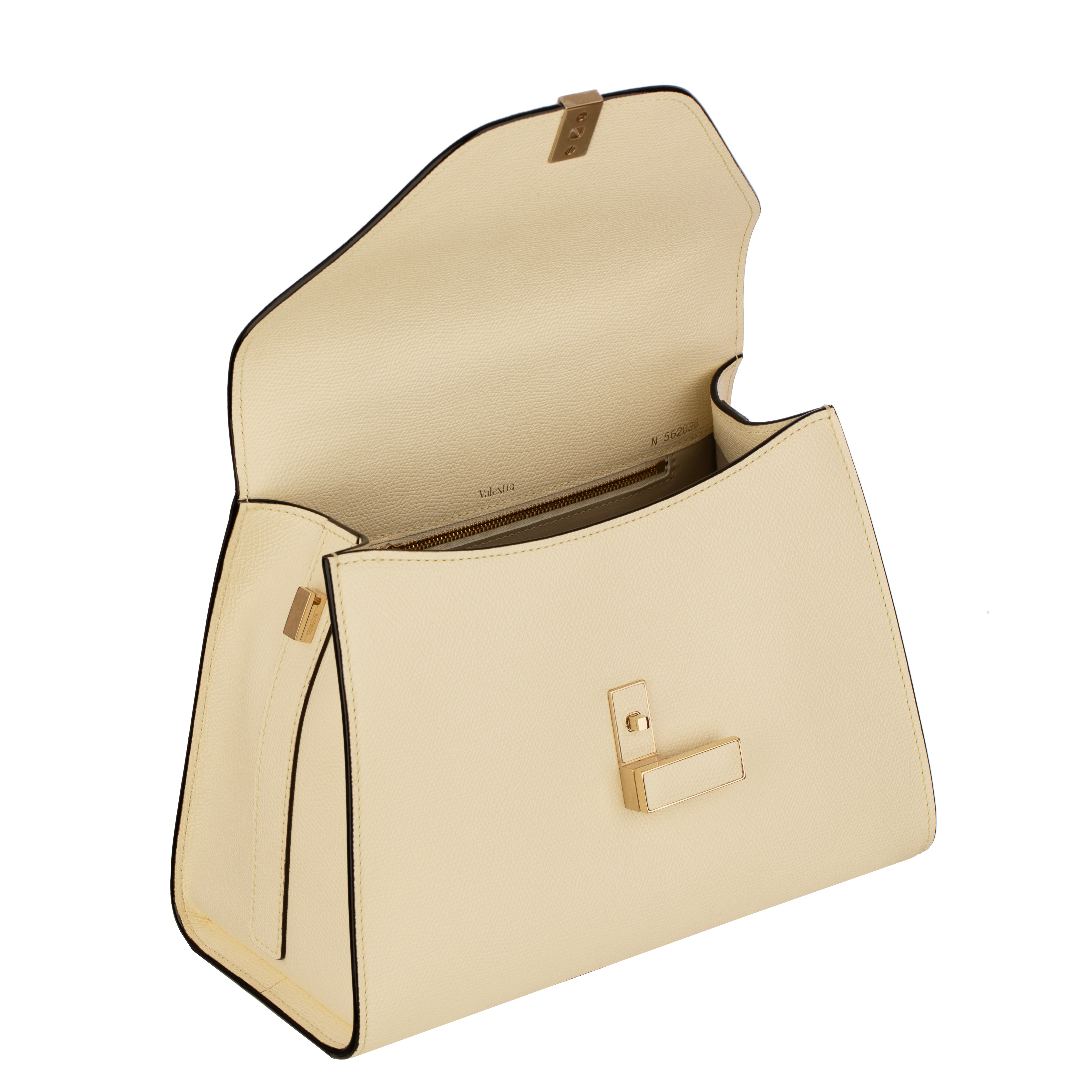 Valextra Iside Medium Top Handle Bag in Pergamena White Grained Leather with Gold-Tone Hardware