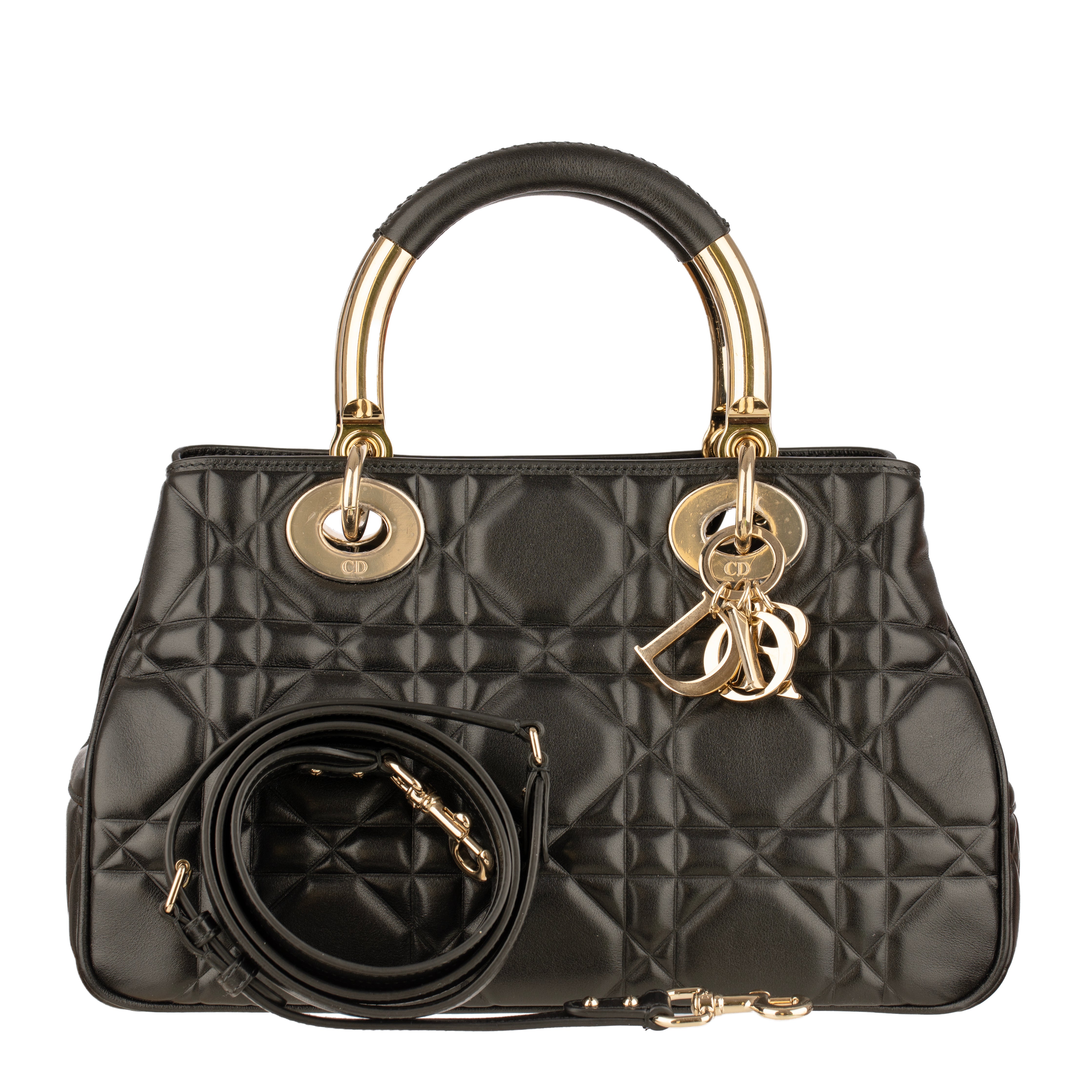 Christian Dior Lady 95.22 Medium Top Handle Bag in Black Cannage Lambskin with Gold Hardware