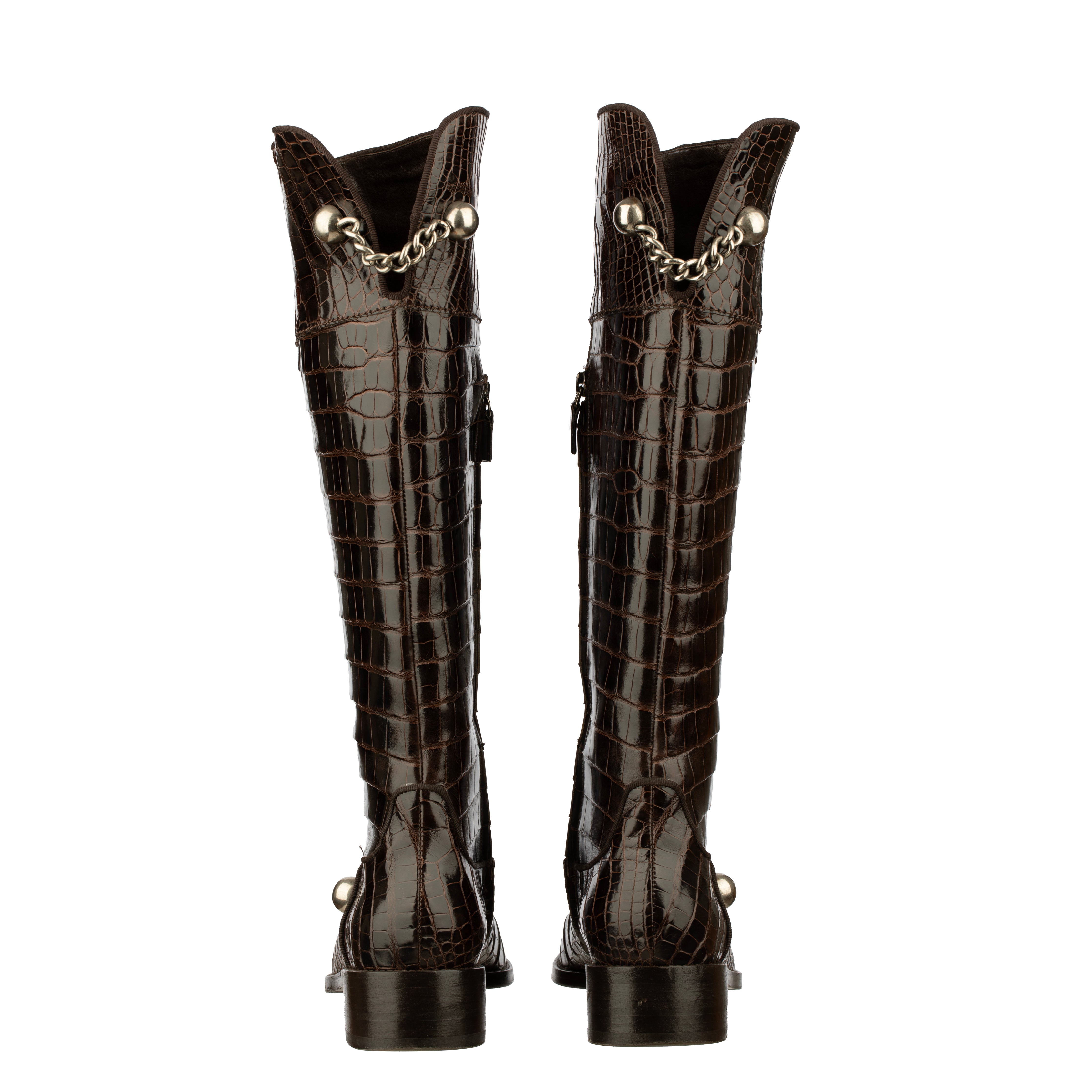 Sergio Rossi Brown Crocodile Leather Knee High Boots With Silver Details - Size | 39 IT