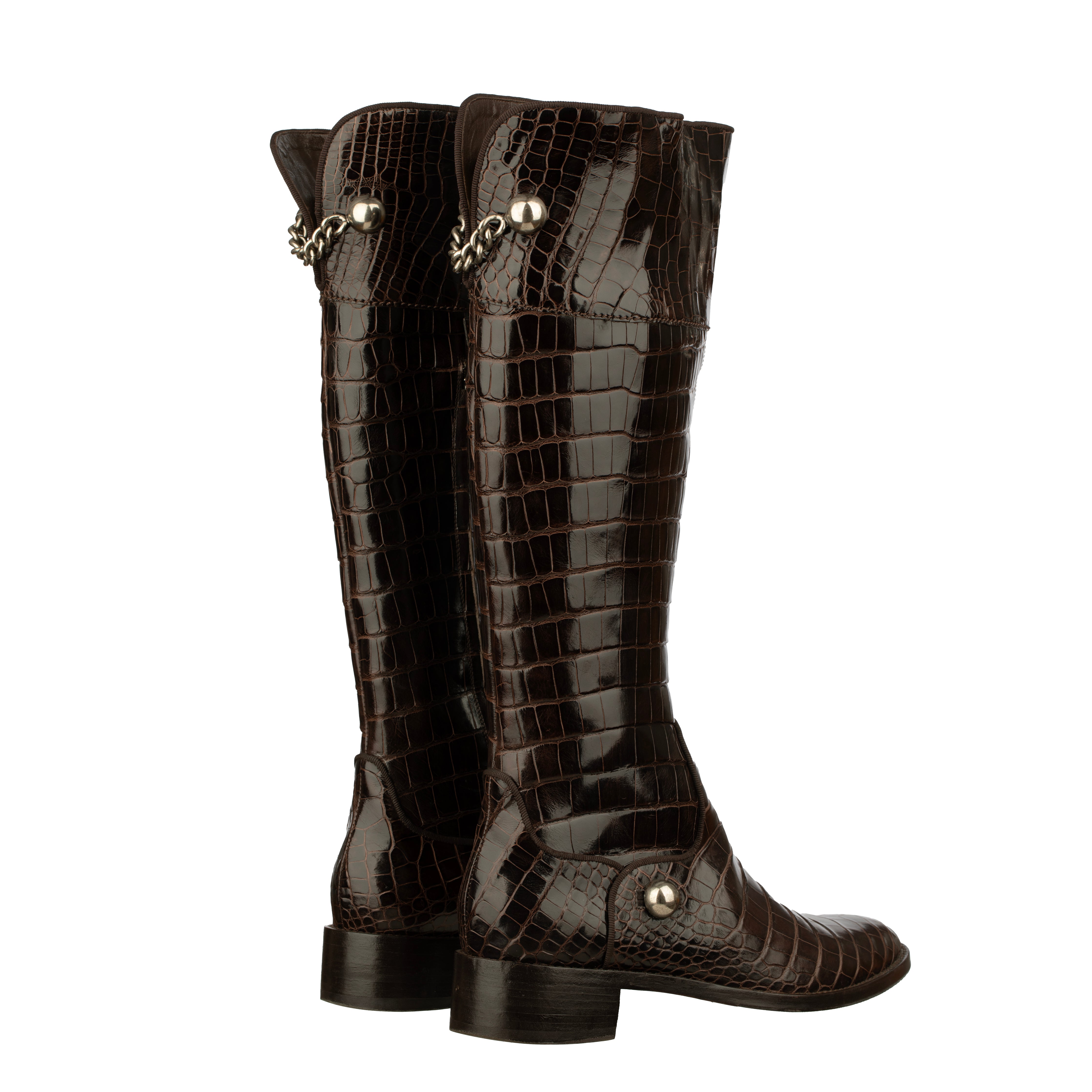 Sergio Rossi Brown Crocodile Leather Knee High Boots With Silver Details - Size | 39 IT