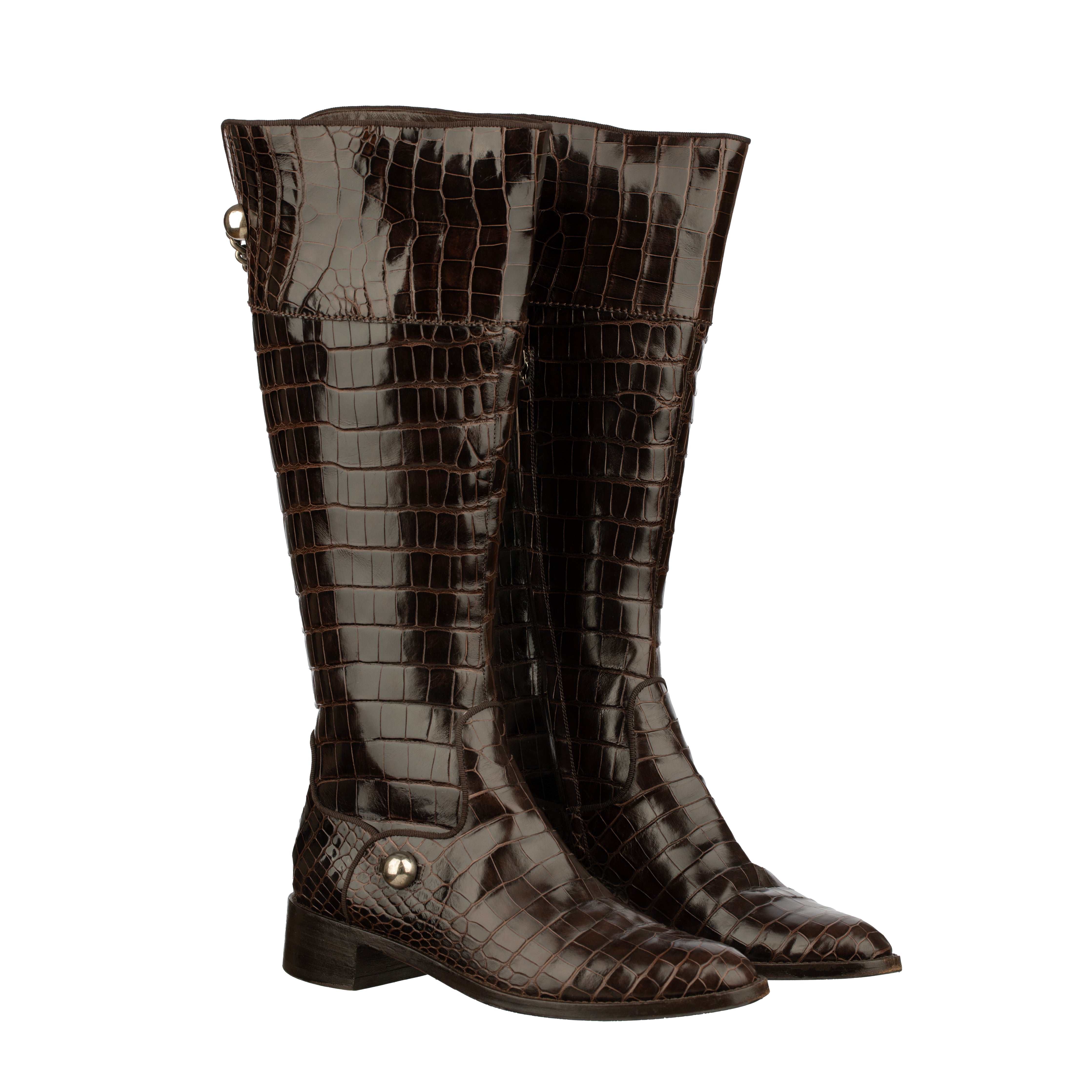 Sergio Rossi Brown Crocodile Leather Knee High Boots With Silver Details - Size | 39 IT