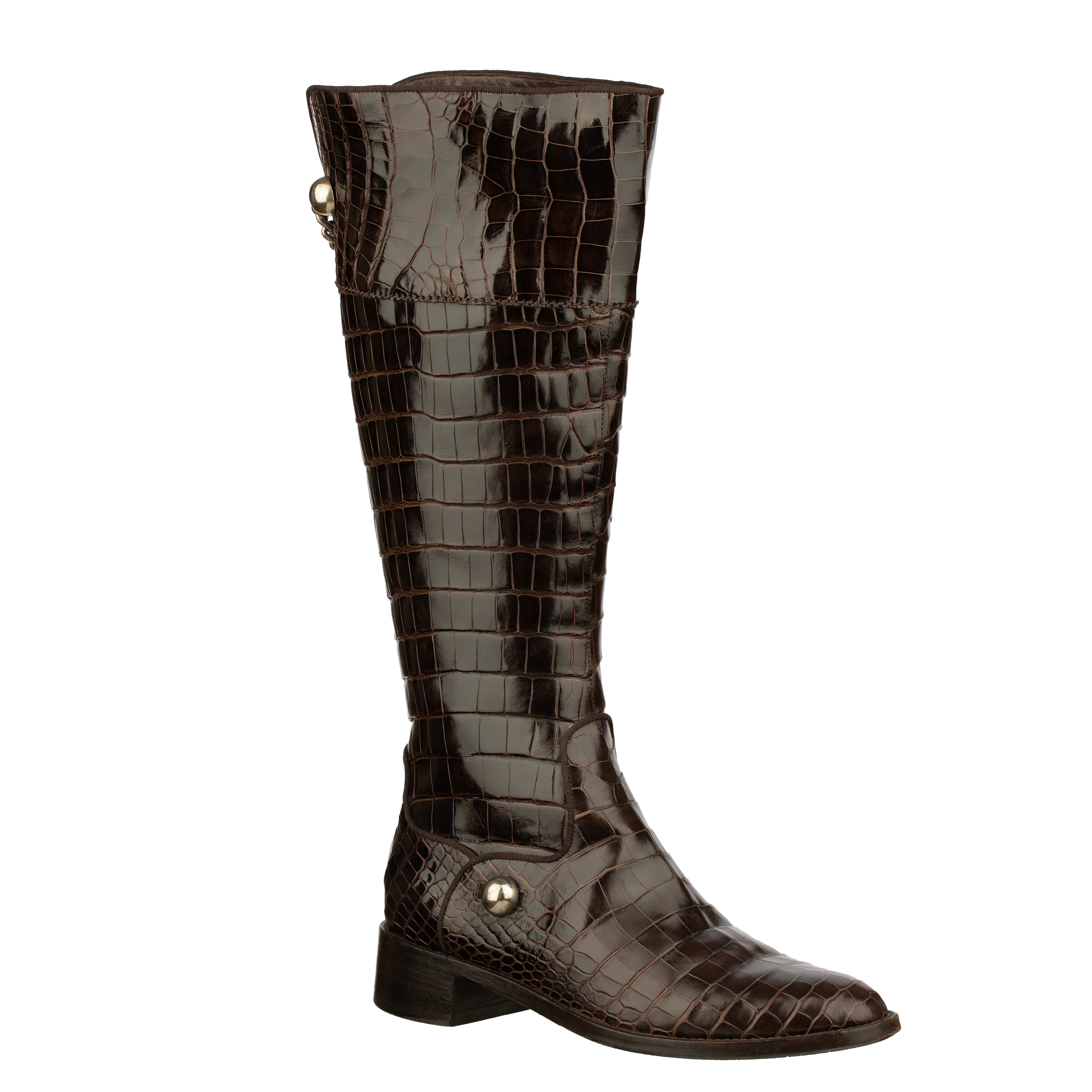 Sergio Rossi Brown Crocodile Leather Knee High Boots With Silver Details - Size | 39 IT