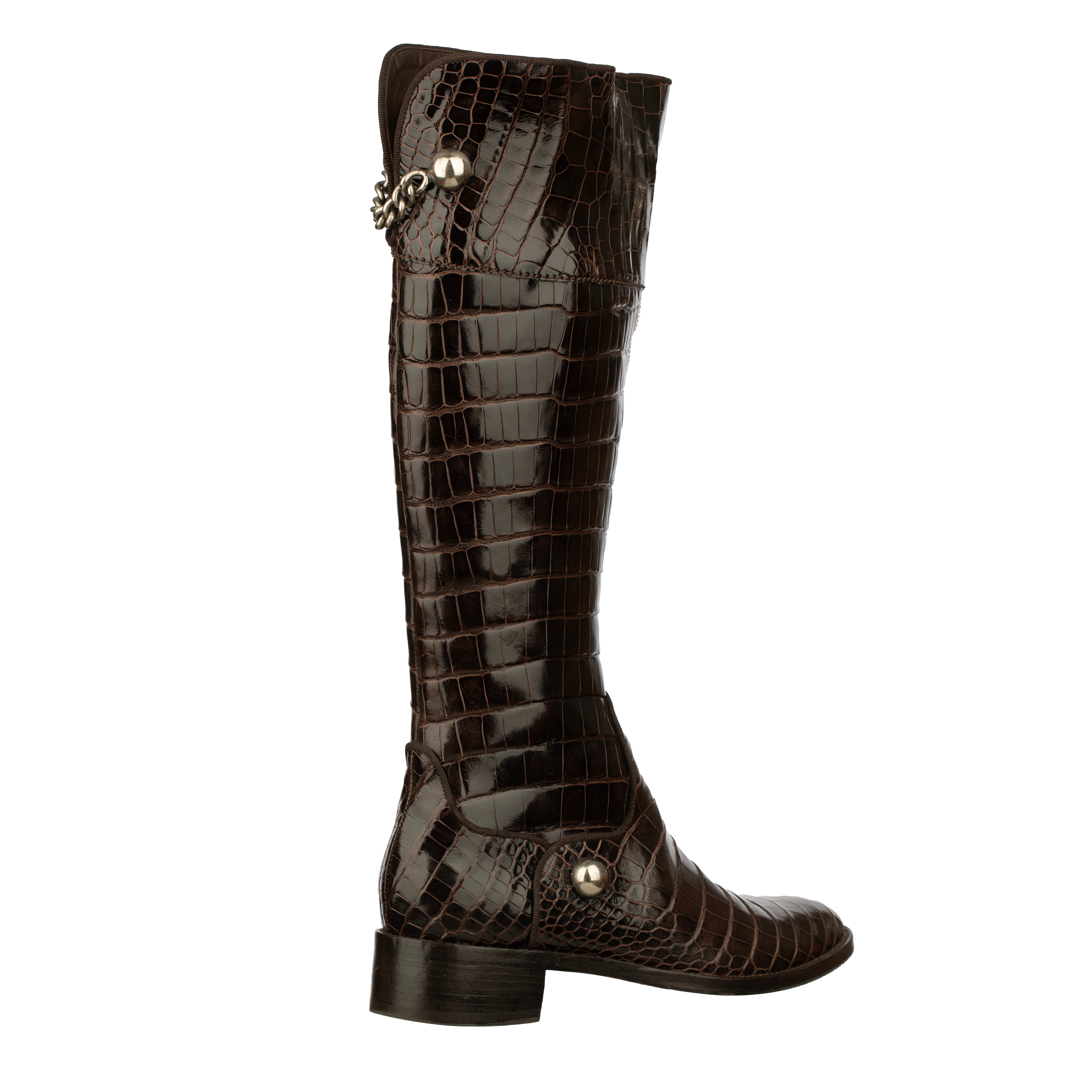 Sergio Rossi Brown Crocodile Leather Knee High Boots With Silver Details - Size | 39 IT