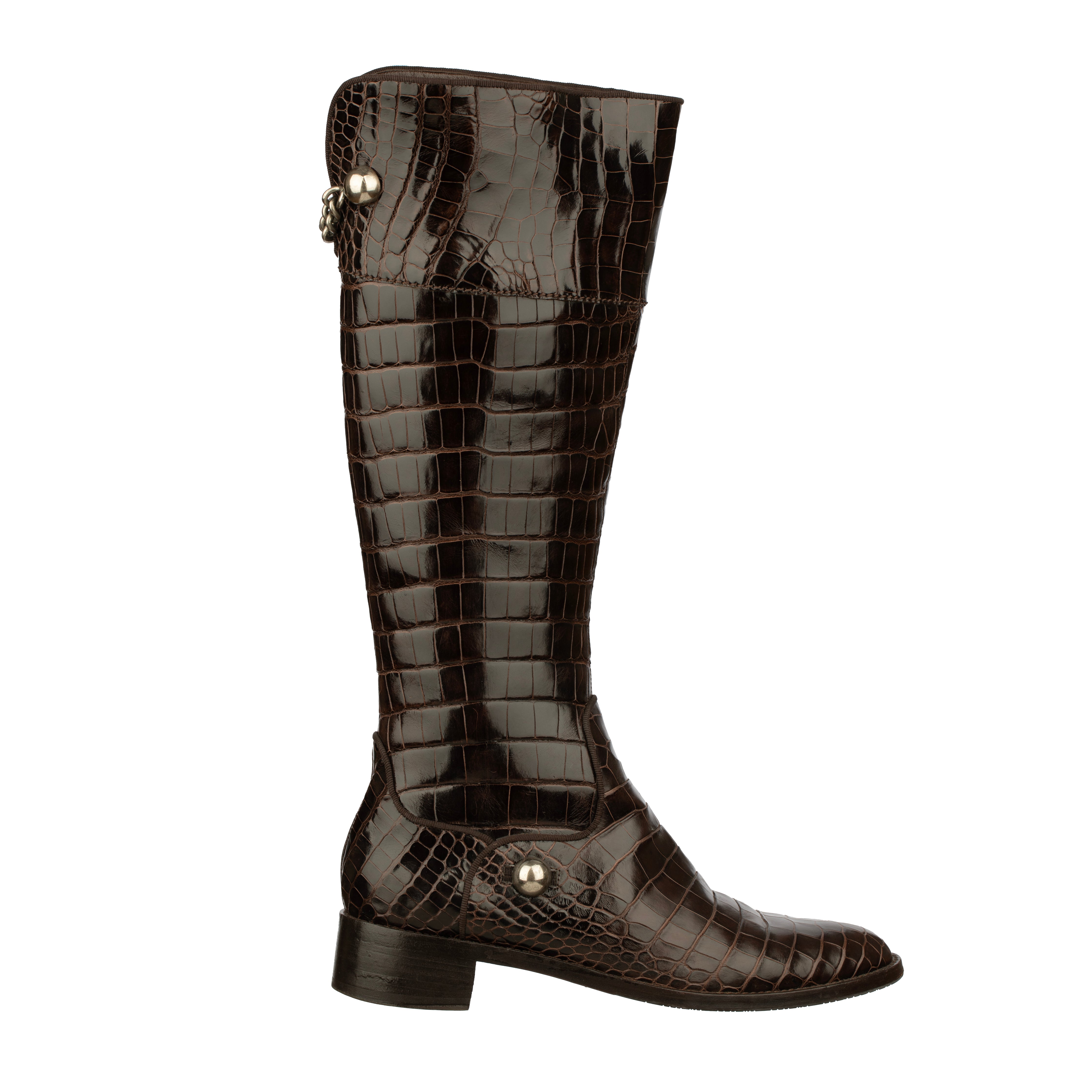 Sergio Rossi Brown Crocodile Leather Knee High Boots With Silver Details - Size | 39 IT