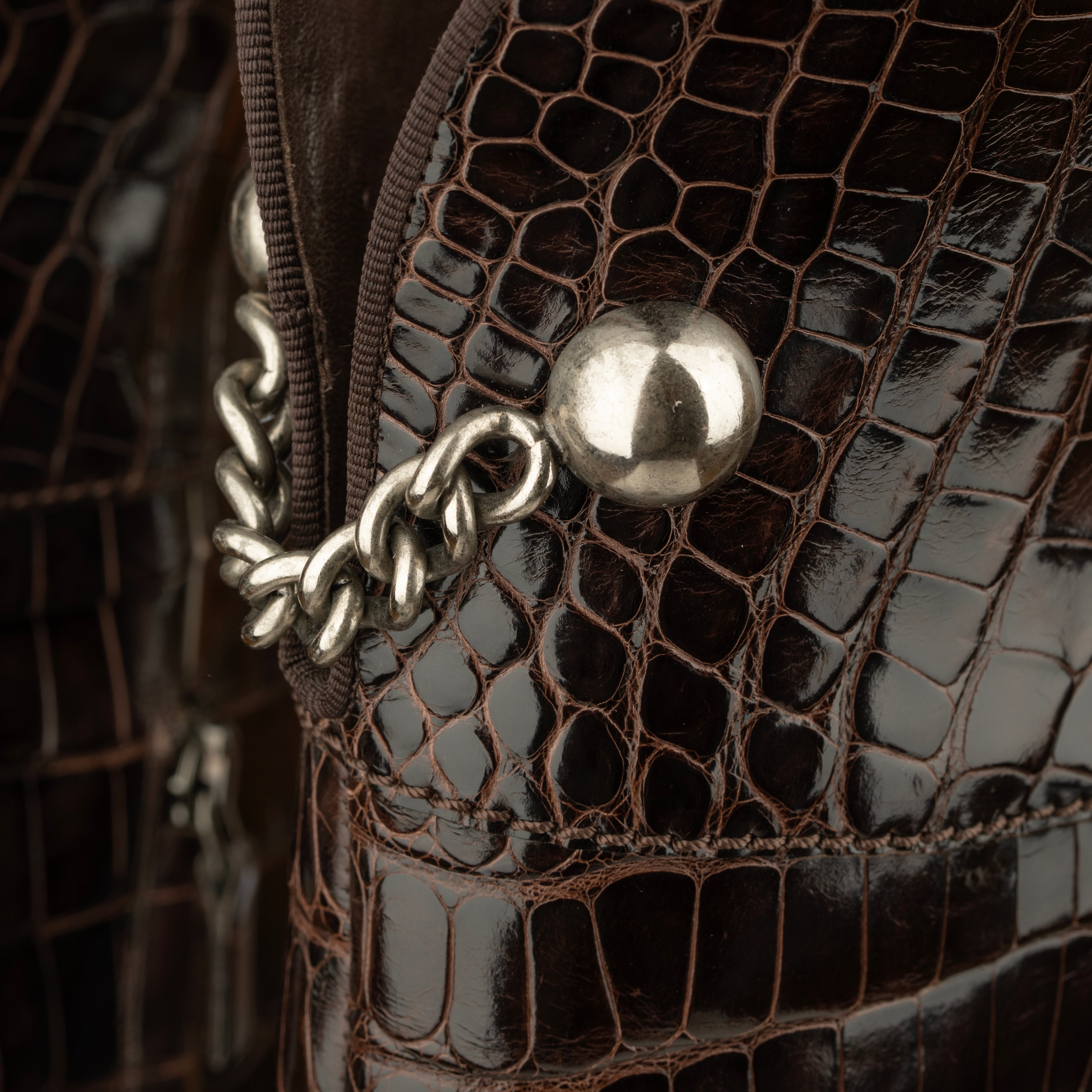 Sergio Rossi Brown Crocodile Leather Knee High Boots With Silver Details - Size | 39 IT