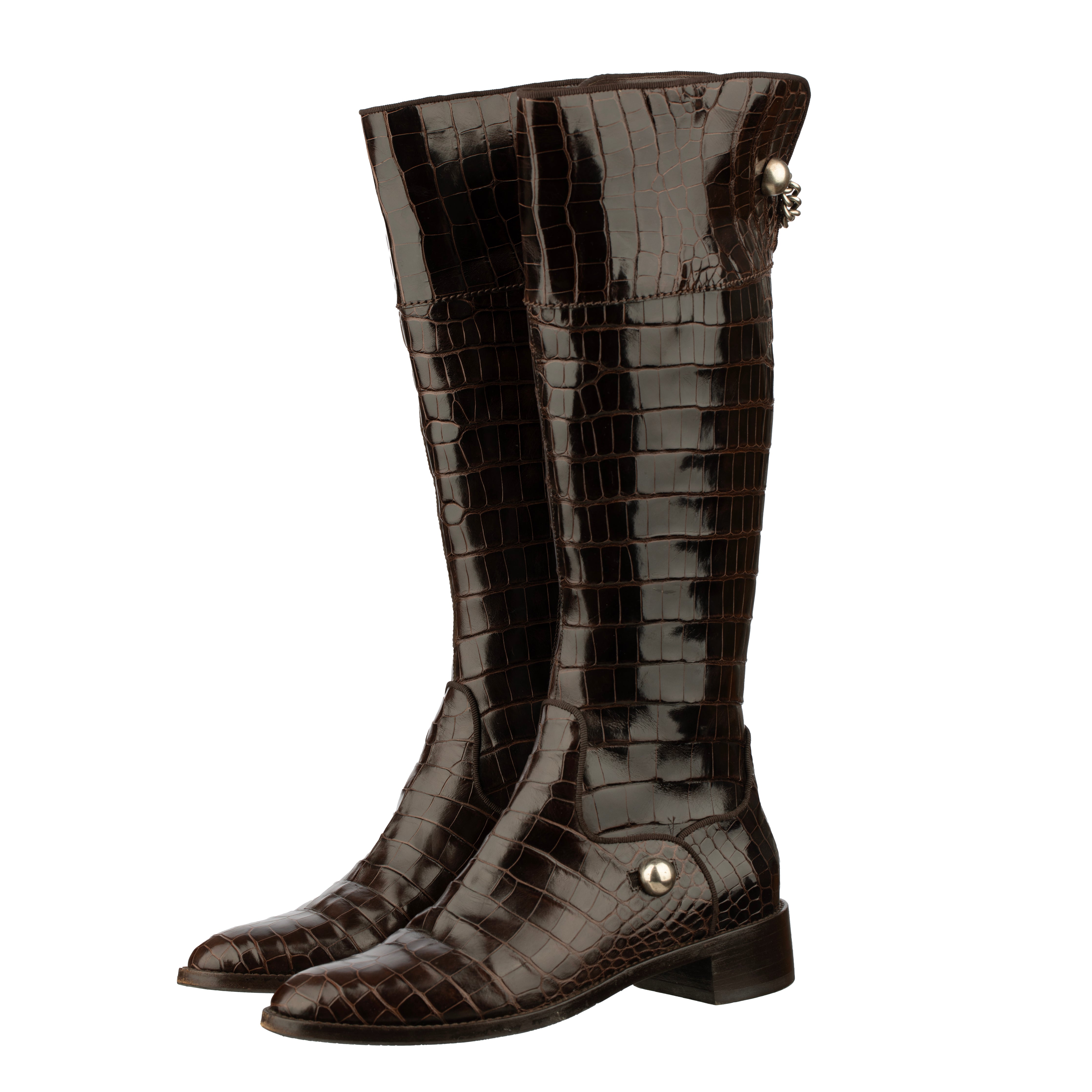 Sergio Rossi Brown Crocodile Leather Knee High Boots With Silver Details - Size | 39 IT