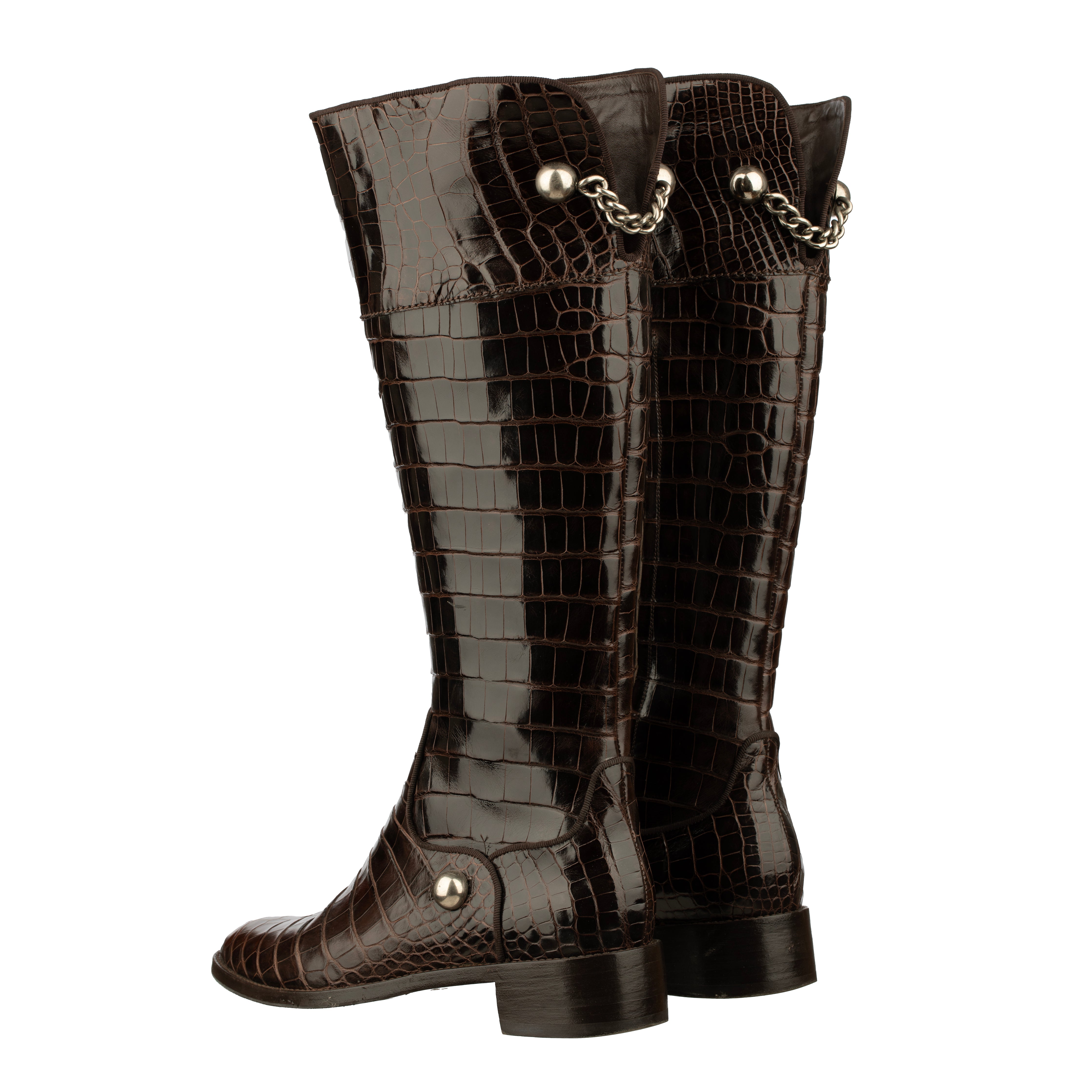 Sergio Rossi Brown Crocodile Leather Knee High Boots With Silver Details - Size | 39 IT